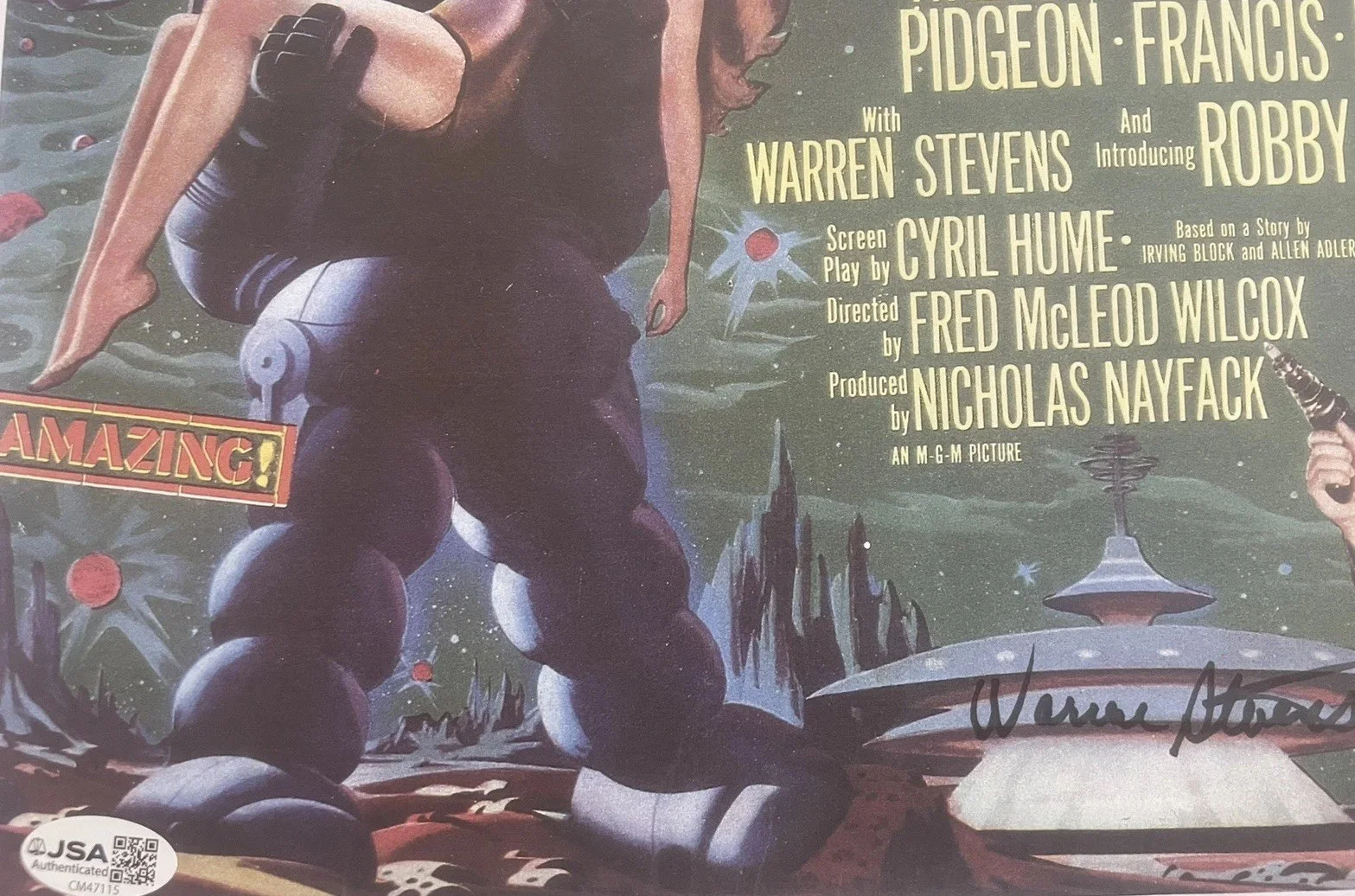 Warren Stevens — Warren Stevens Sci/Fi Classic “Forbidden Planet” Signed 8x10 JSA certified, image 2