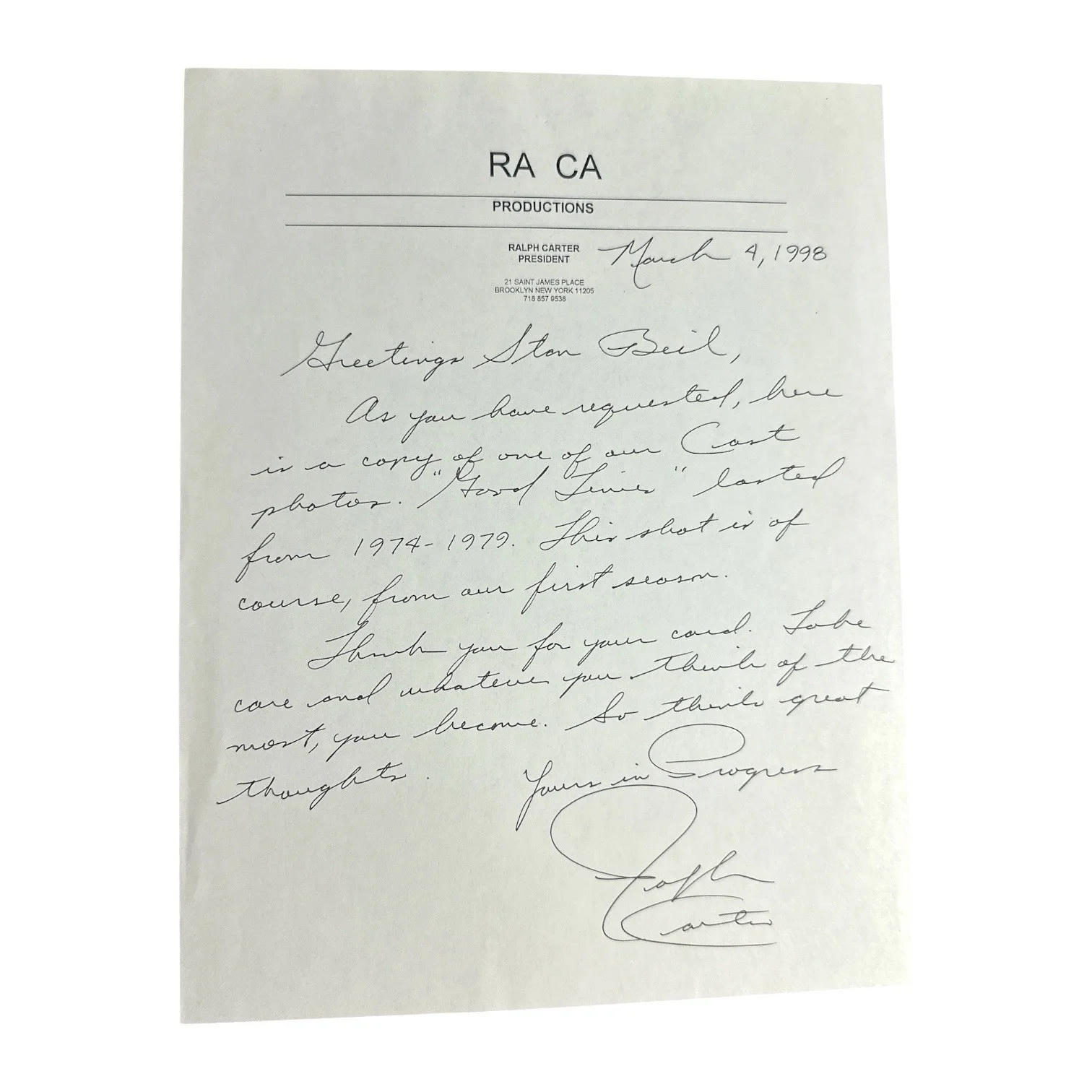 Ralph Carter, Michael Evans on Good Times — Ralph Carter “Good Times” TV Series Star Handwritten Autograph Signed Letter!