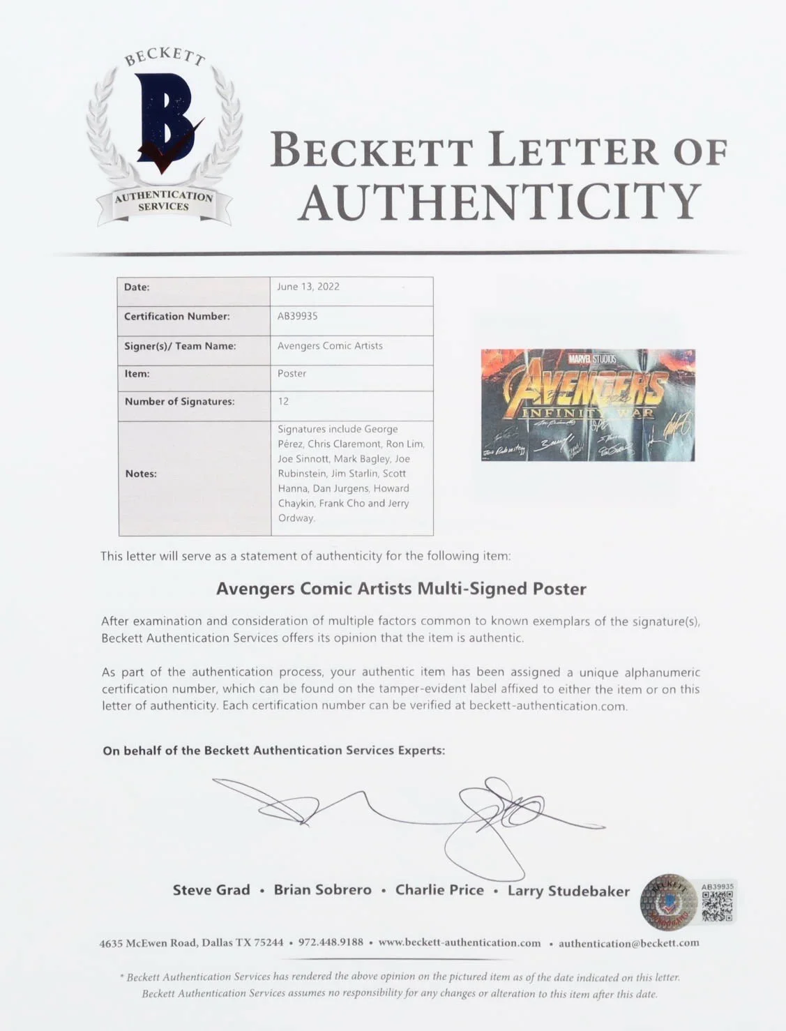 Avengers Comic Artists — Avengers Comic Artists Autographed 24x36 Poster Full Beckett BAS LOA 12 Signers!, изображение 2