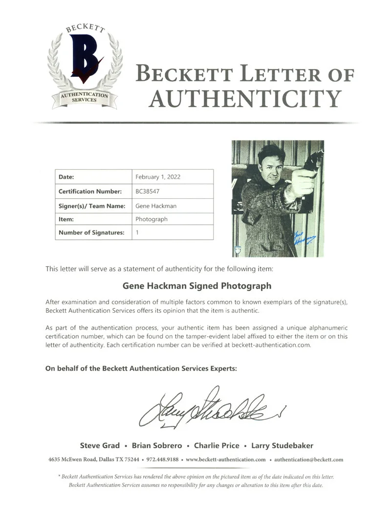 GENE HACKMAN SIGNED 11x14 PHOTO POPEYE DOYLE THE FRENCH CONNECTION BECKETT BAS, изображение 3