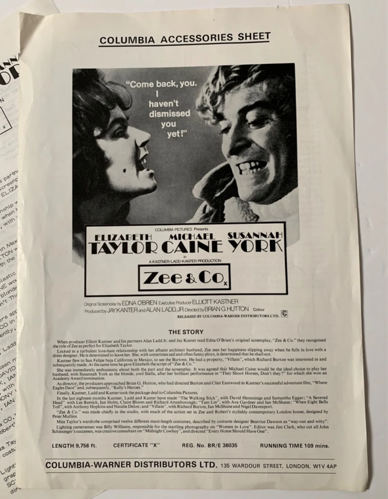 VINTAGE ZEE & CO / X Y & ZEE 1971 ADVERTISING FILM PRESS KIT ELIZABETH TAYLOR, изображение 2