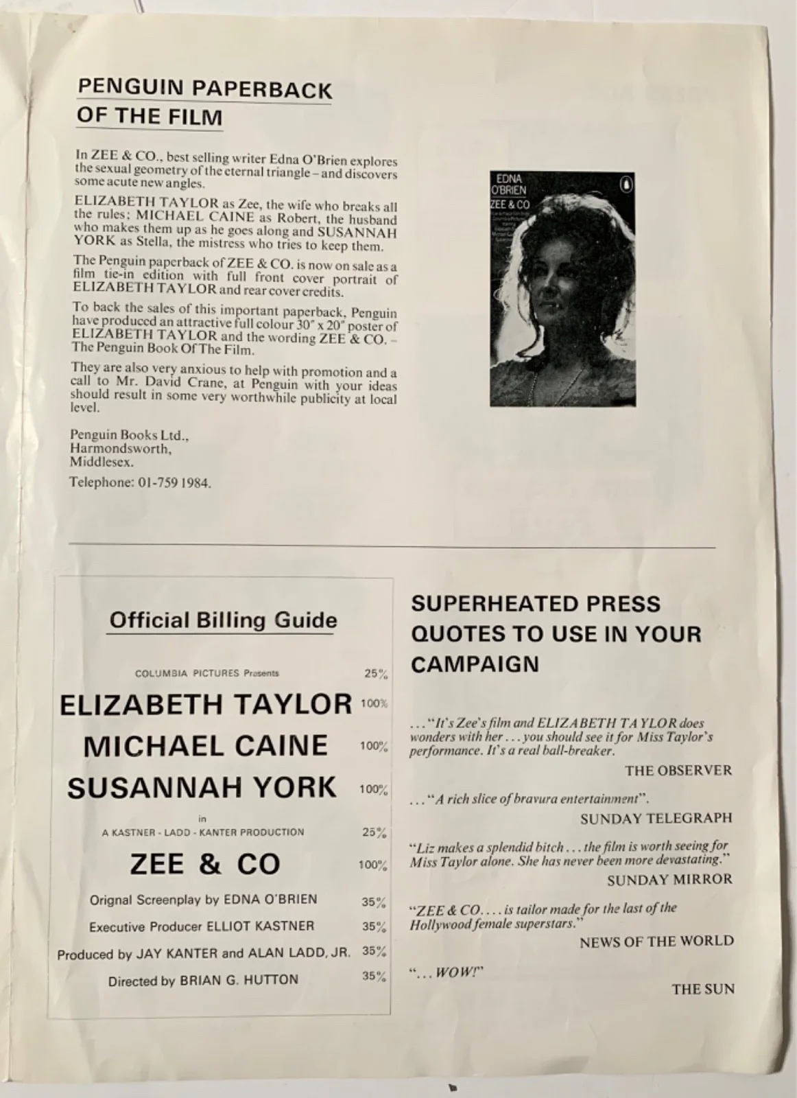 VINTAGE ZEE & CO / X Y & ZEE 1971 ADVERTISING FILM PRESS KIT ELIZABETH TAYLOR, изображение 5