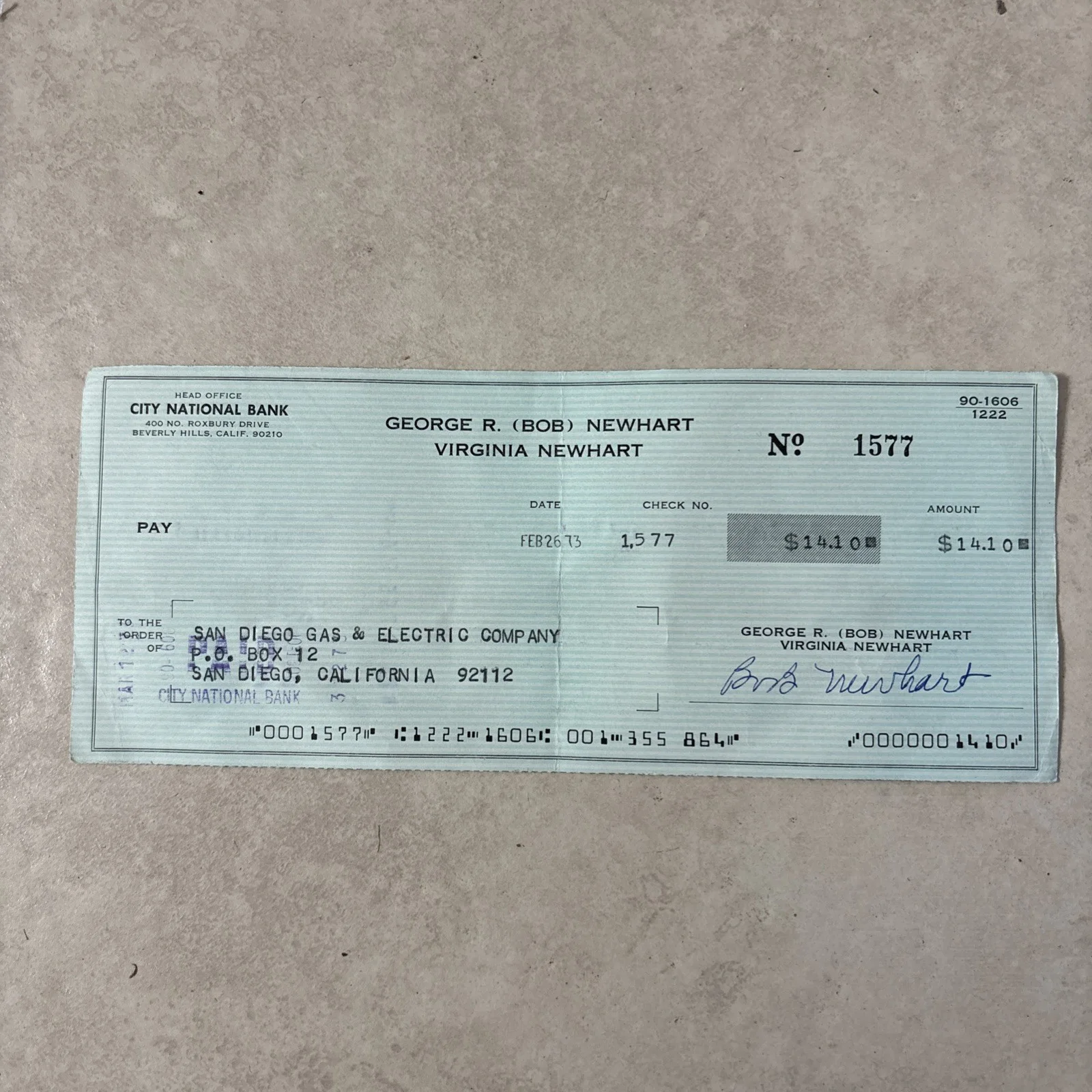 Bob Newhart — BOB NEWHART SIGNED PERSONAL CHECK, image 2