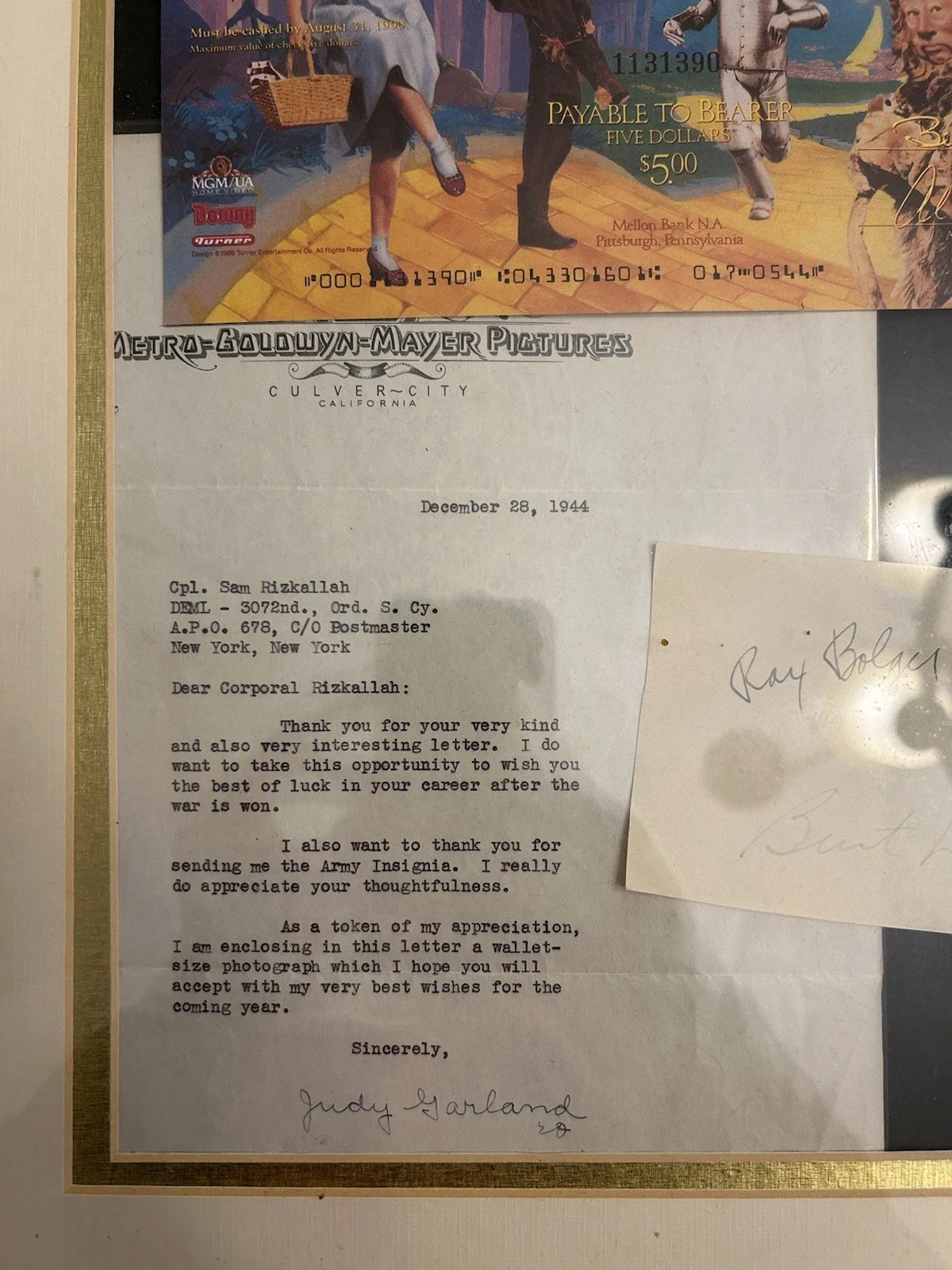 Judy Garland, Ray Bolger, Bert Lahr, Jack Haley — The Wizard of Oz Original Autographed Cards Signed by Garland, Bolger, Lahr, Ha…, изображение 2