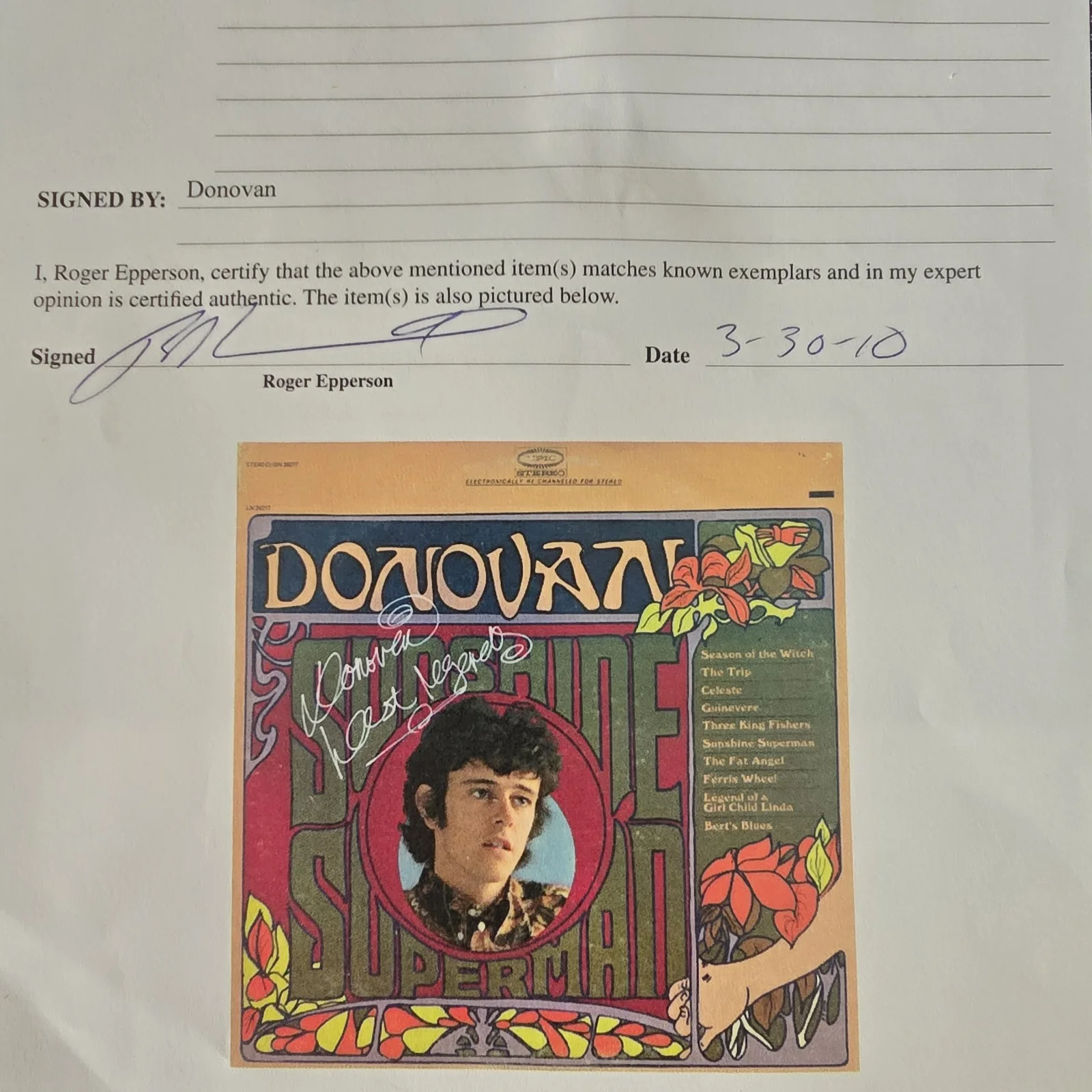 Donovan Leitch Signed Framed Sunshine Superman Album With R.E.A.L. COA Autograph, image 4