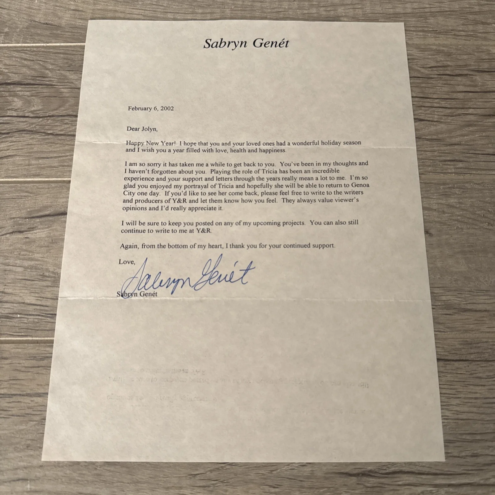 Sabryn Genet — SABRYN GENÉT SIGNED letter Autograph Young & Restless Y&R “Tricia” actress, изображение 2