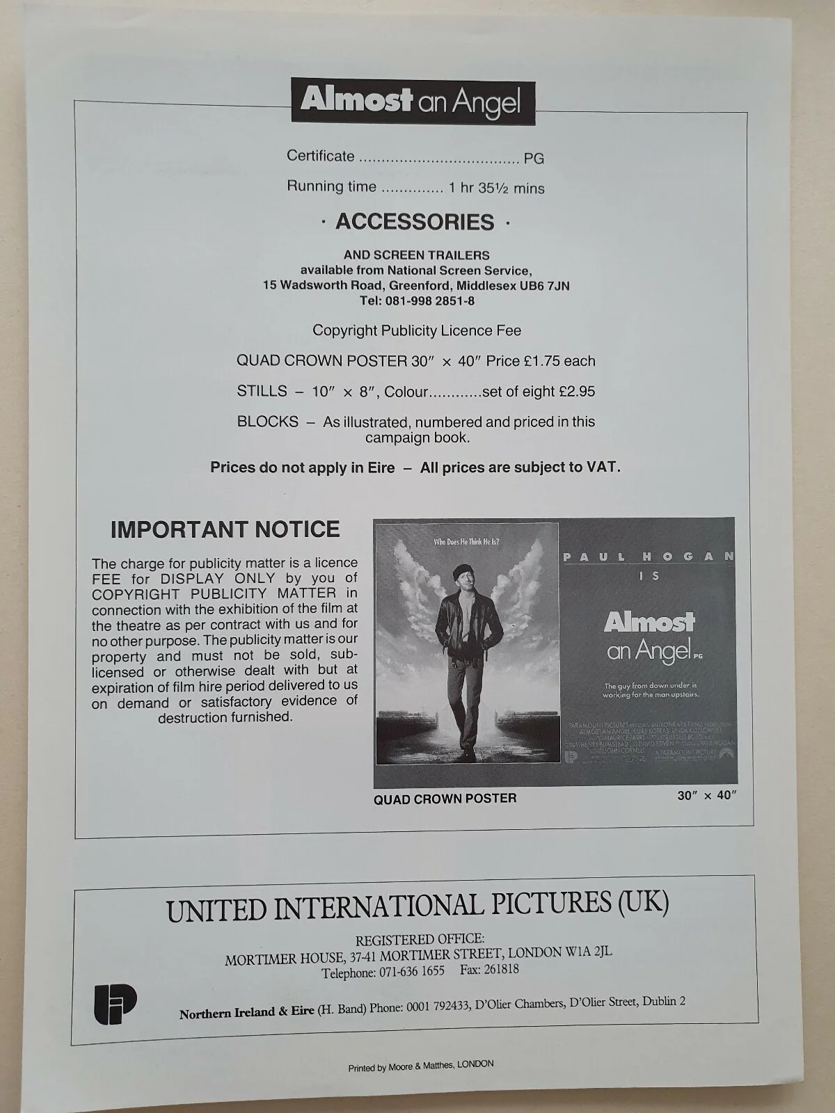 ALMOST AN ANGEL - VINTAGE PRESS AD SHEET & SYNOPSIS BOOKLET - PAUL HOGAN, image 3