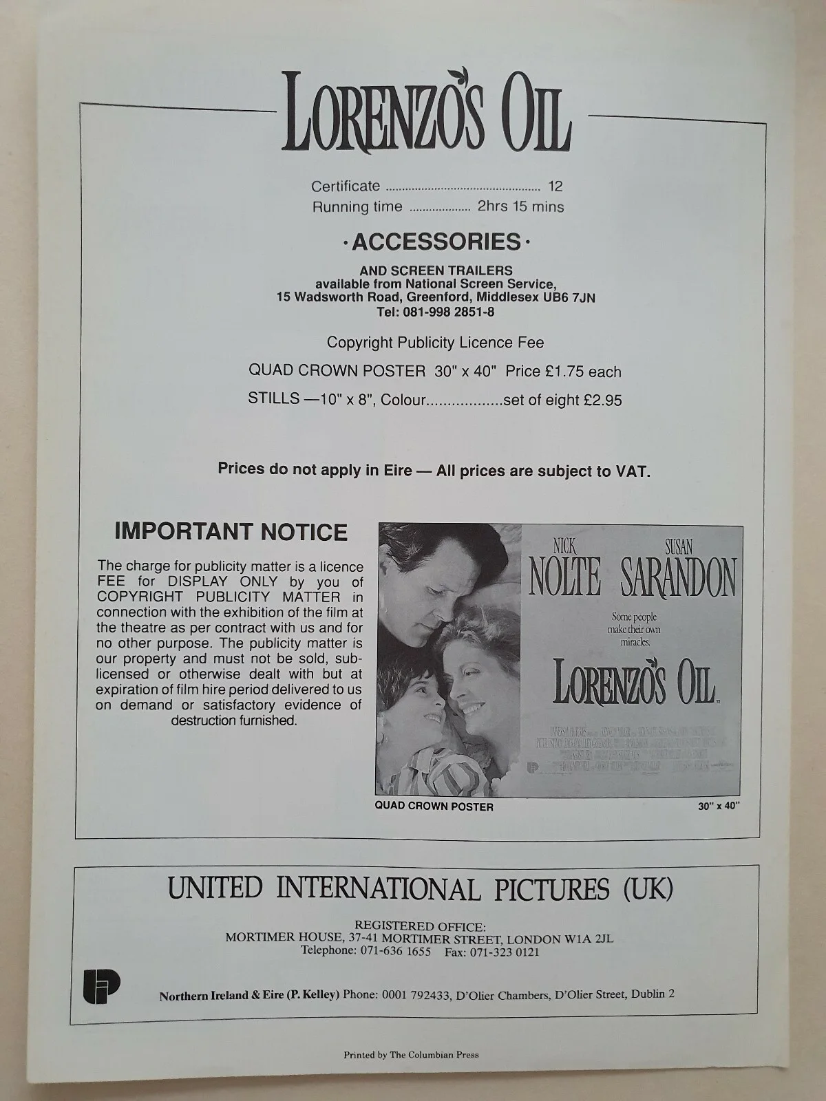 LORENZO'S OIL - VINTAGE PRESS AD SHEET & SYNOPSIS BOOKLET - NICK NOLTE, SARANDON, image 2