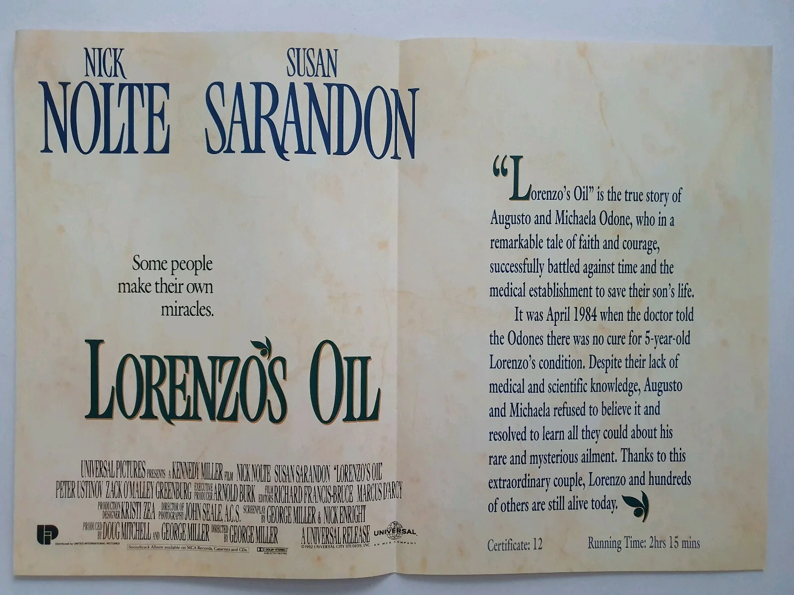 LORENZO'S OIL - VINTAGE PRESS AD SHEET & SYNOPSIS BOOKLET - NICK NOLTE, SARANDON, image 3