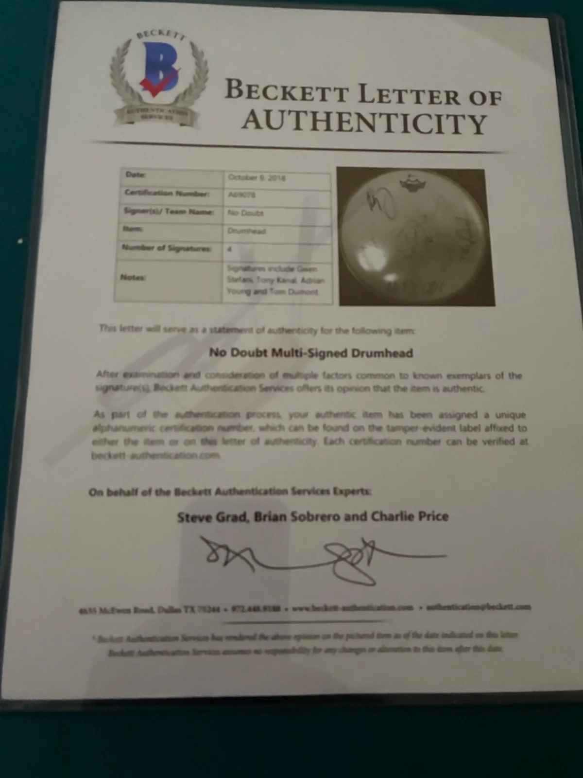 No Doubt Signed Original Drumhead w/COA Beckett, image 2