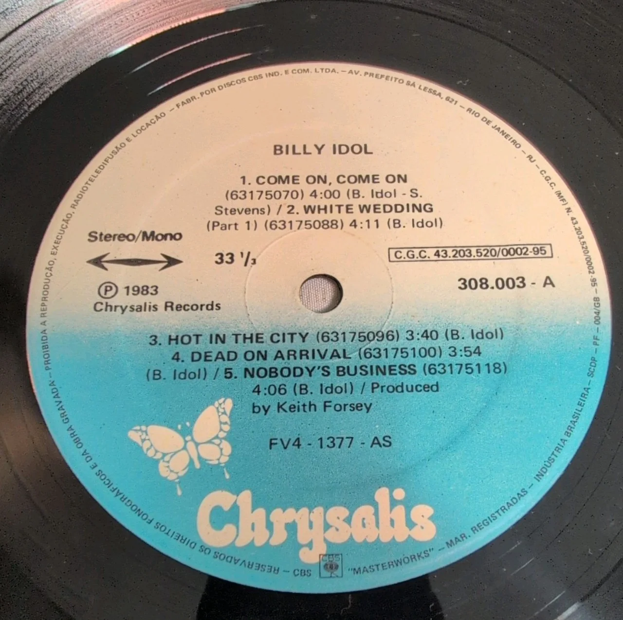 Billy Idol 308.003 Vinyl Record LP Chrysalis 1983 (Brazilian Pressing), изображение 3