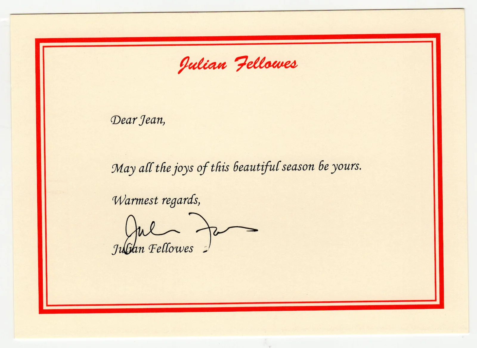 Julian Fellowes — Julian Fellowes Actor Autographed Signed Greeting Card AMCo COA 1826