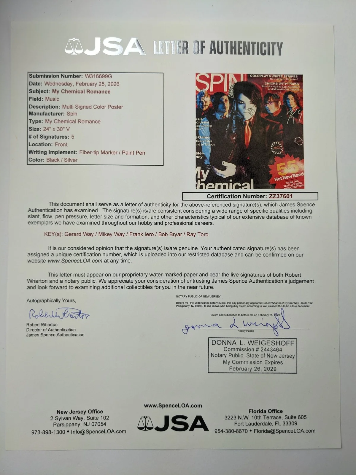 My Chemical Romance Signed 24x30 Poster SPIN Cover Promo Autographed JSA COA LOA, image 3