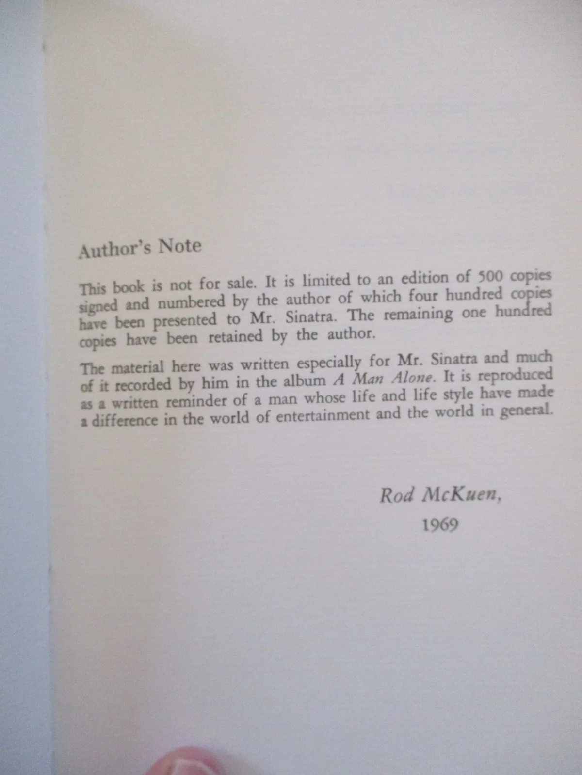 FRANK SINATRA A MAN ALONE Book AUTOGRAPHED SIGNED by ROD McKUEN 500 Ltd First Ed, изображение 3