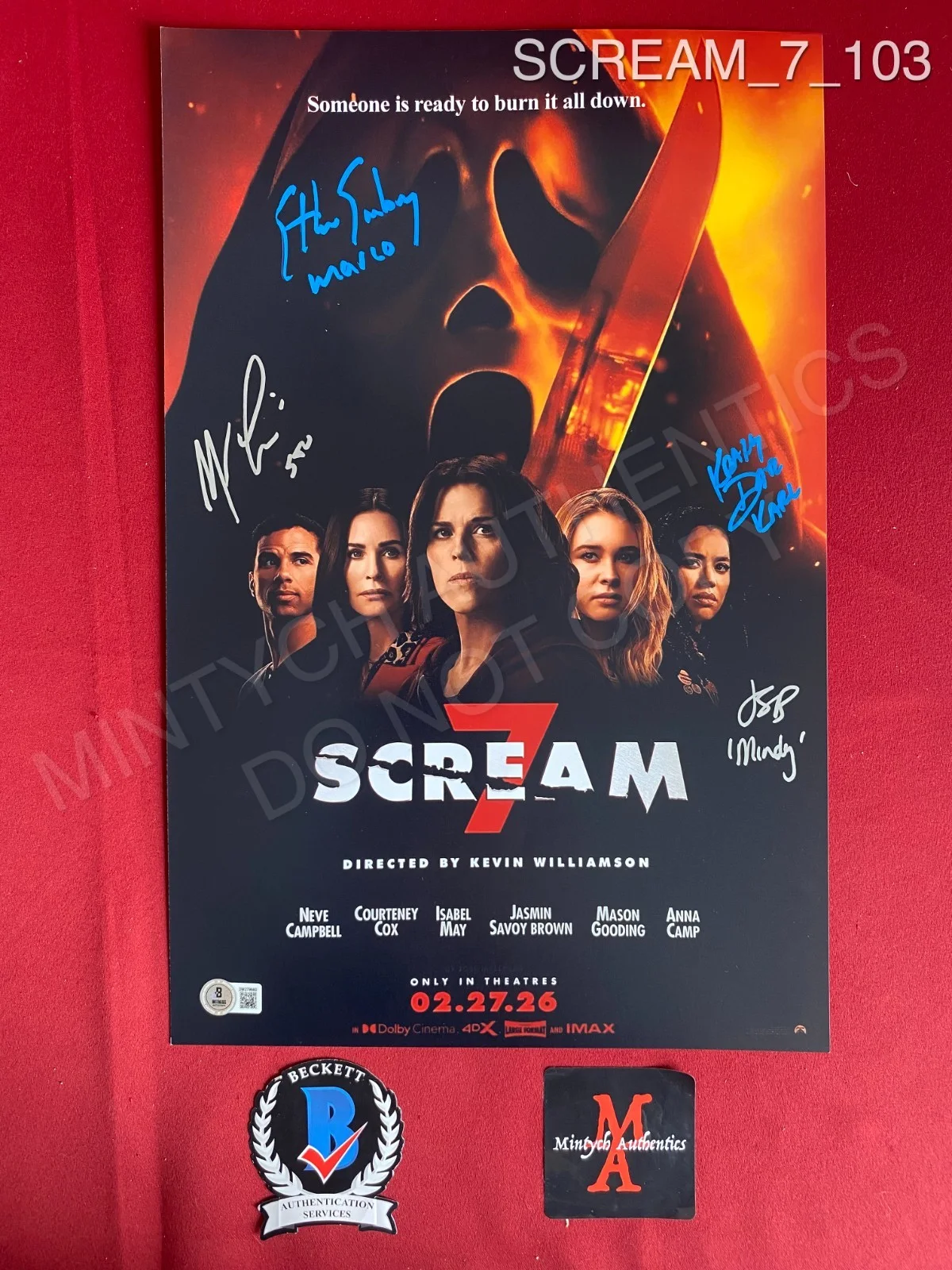 Ethan Embry, Jasmin Savoy Brown, Matthew Lillard, Kraig Dane — Scream 7 cast signed 11x17 photo Matthew Lillard Ethan Embry Brown Dane Beckett