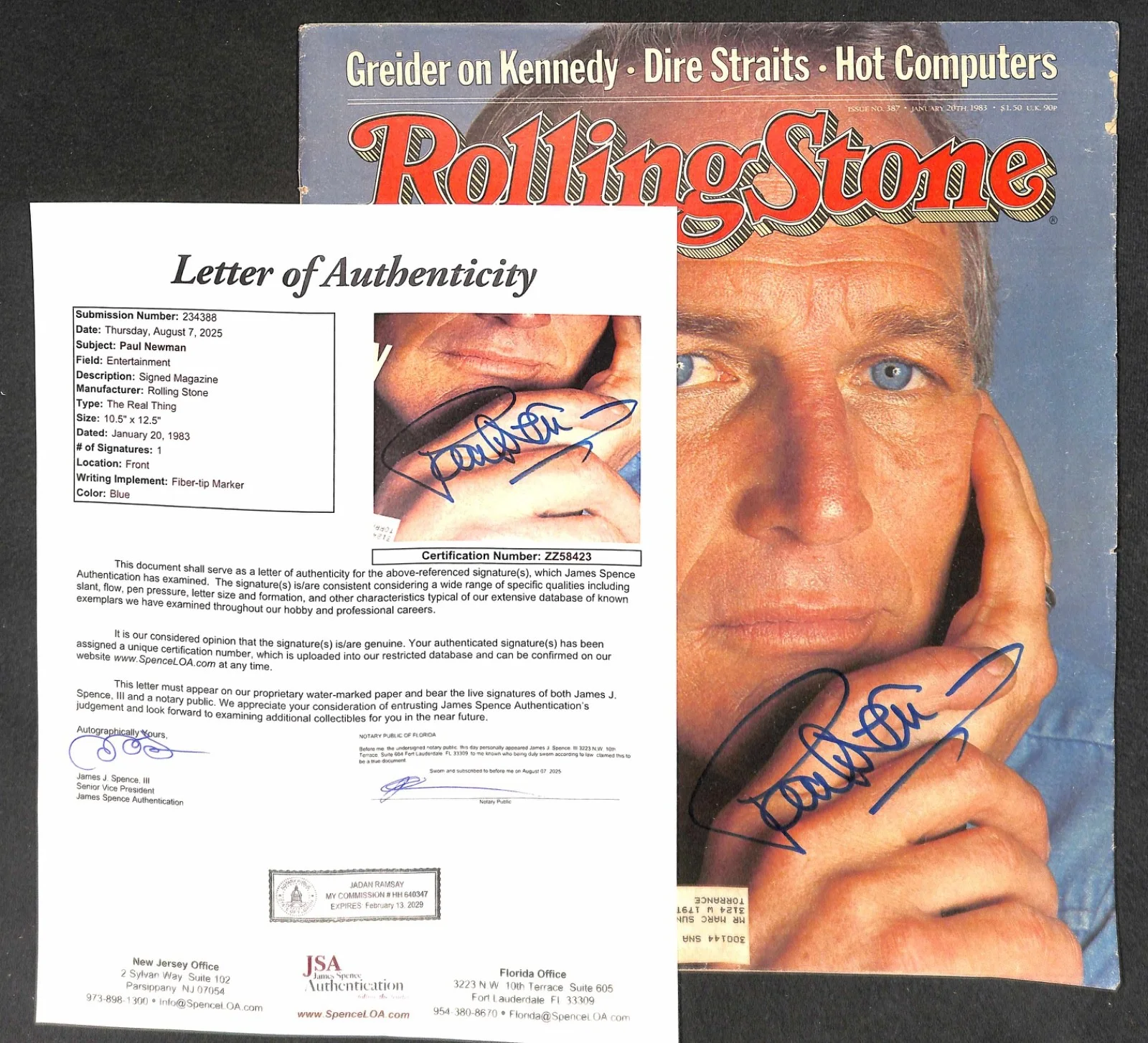 Color of Money Signed Paul Newman Autographed Rolling Stone Magazine Auto JSA, изображение 4