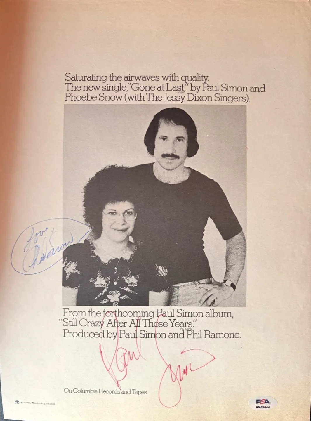 PAUL SIMON & PHOEBE SNOW — PAUL SIMON & PHOEBE SNOW SIGNED AUTOGRAPHED 11X4 MAGAZINE PAGE GONE AT LAST PSA