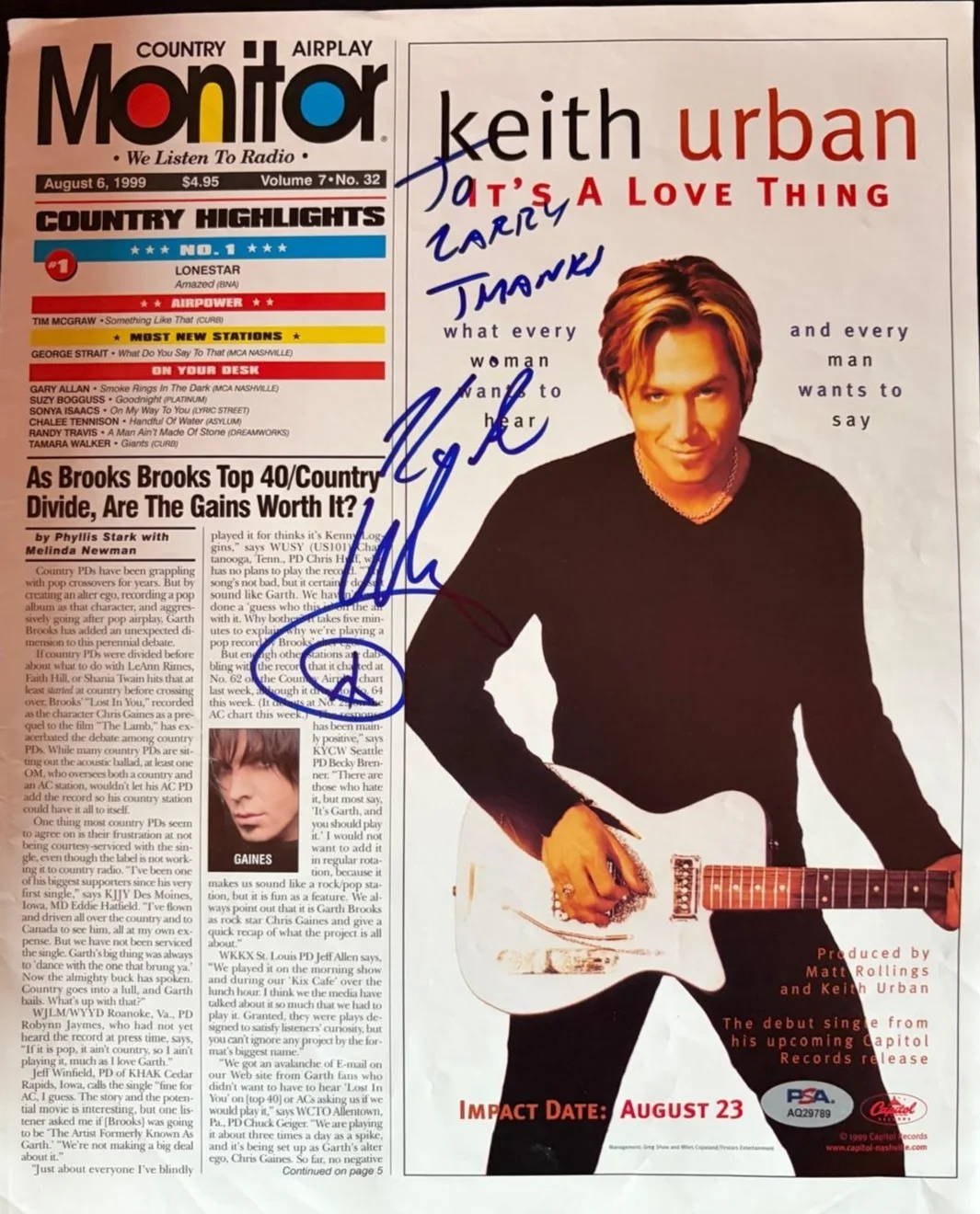 Keith Urban — KEITH URBAN SIGNED AUTOGRAPH 11X14 MAGAZINE PAGE IT'S A LOVE THING COUNTRY PSA A