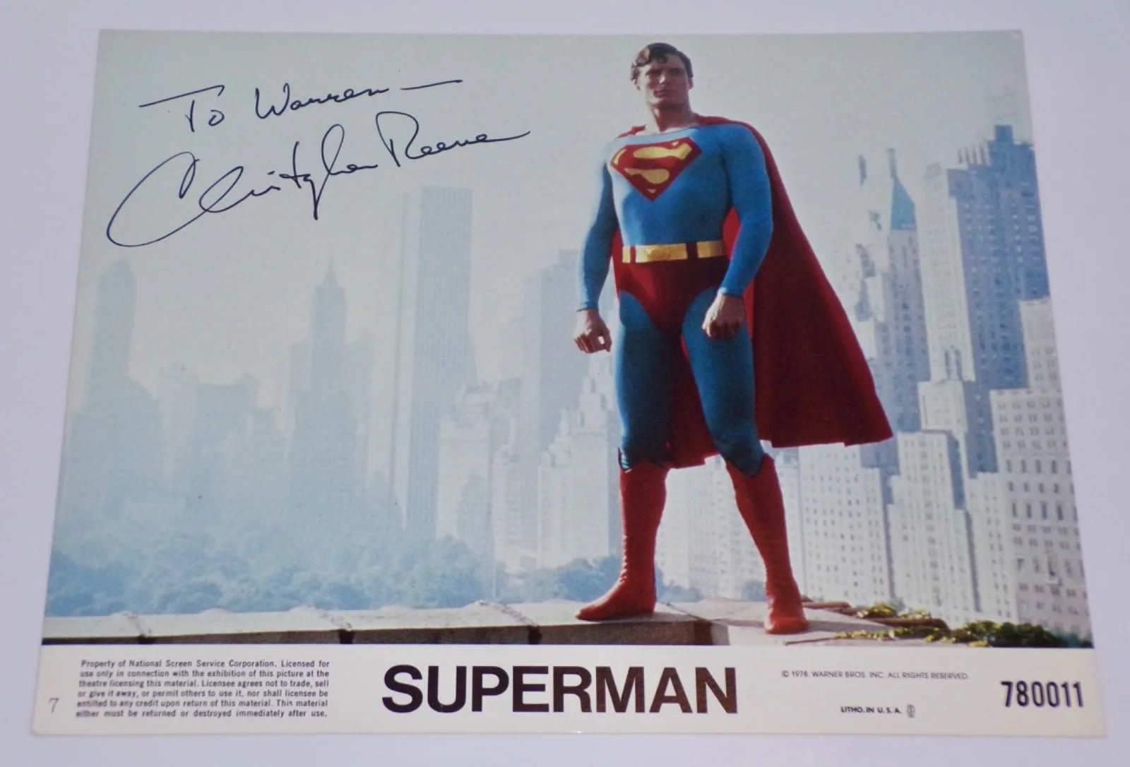 Christopher D'Olier Reeve — CHRISTOPHER REEVE Superman SIGNED 8x10 Lobby Card AUTO Full Beckett Letter COA, изображение 2