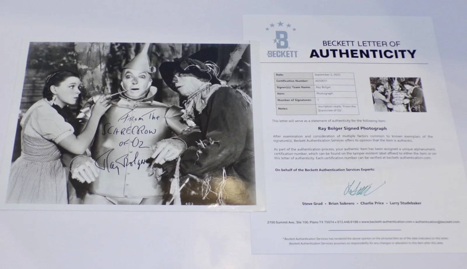 Ray Bolger — NOT Dedicated RAY BOLGER Scarecrow Wizard of Oz SIGNED 8x10 Photo BAS Letter COA