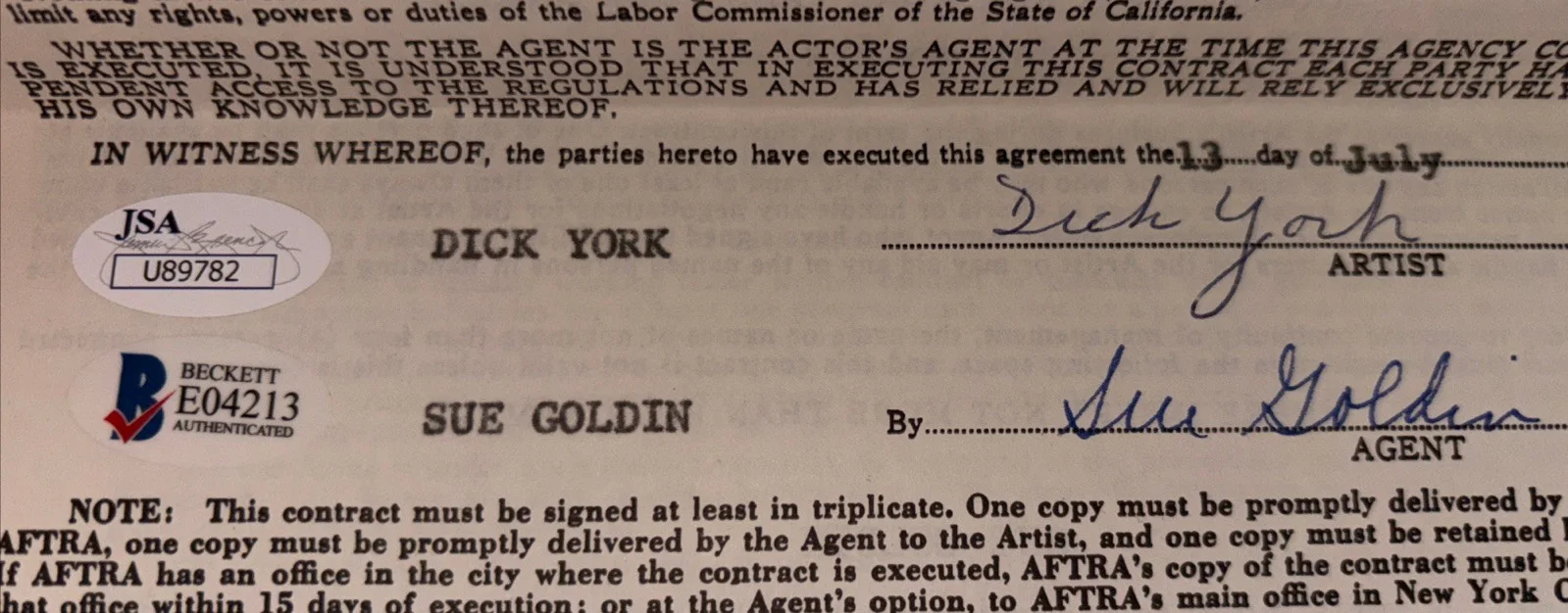 Dick York — Dick York Signed Sue Goldin Agency Contract JSA & Beckett Certified, image 2