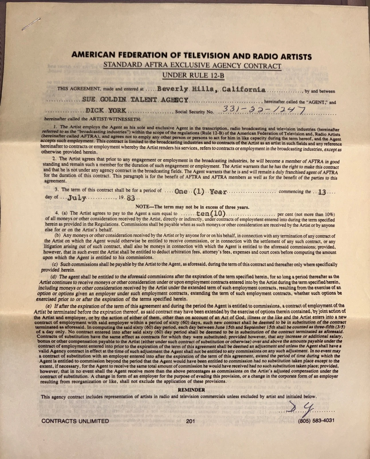 Dick York — Dick York Signed Sue Goldin Agency Contract JSA & Beckett Certified, image 3