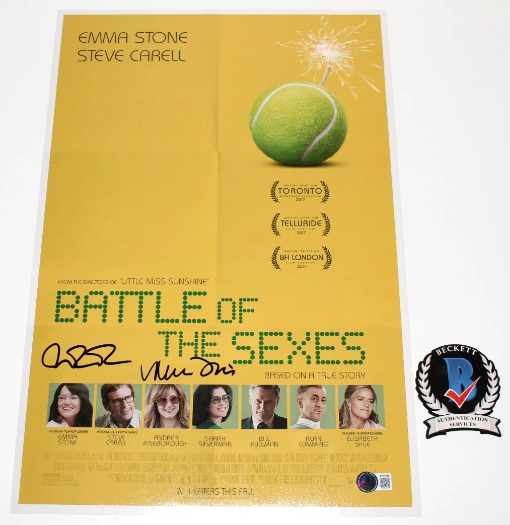 VALERIE FARIS & DAYTON SIGNED BATTLE OF THE SEXES 12x18 MOVIE POSTER BECKETT COA, изображение 2