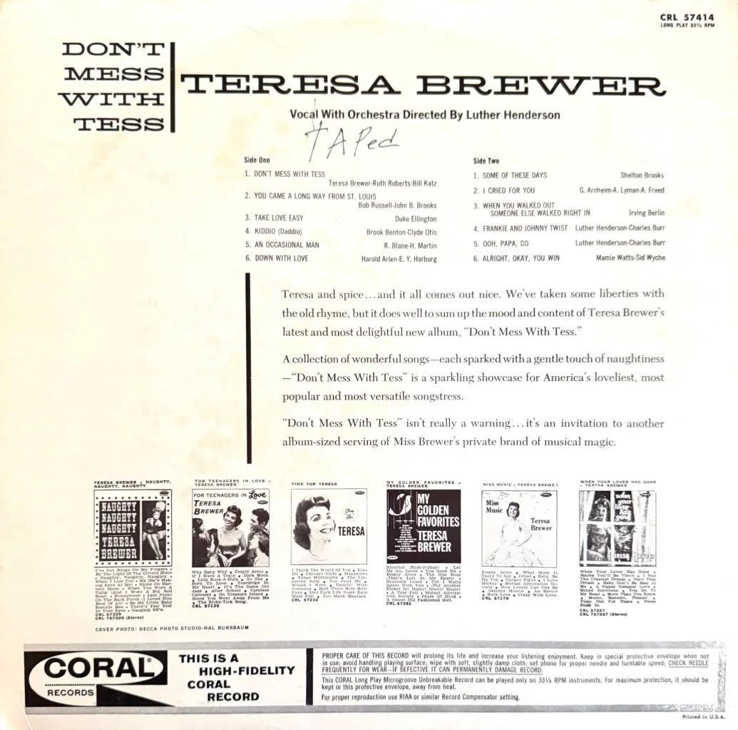 TERESA BREWER HAND SIGNED AUTOGRAPH LP ALBUM "don't mess with Tess", image 2