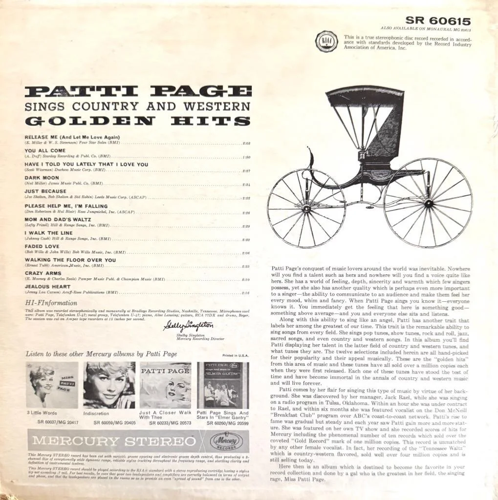 PATTI PAGE HAND SIGNED AUTOGRAPH LP ALBUM "SINGS COUNTRY & WESTERN HITS", изображение 2