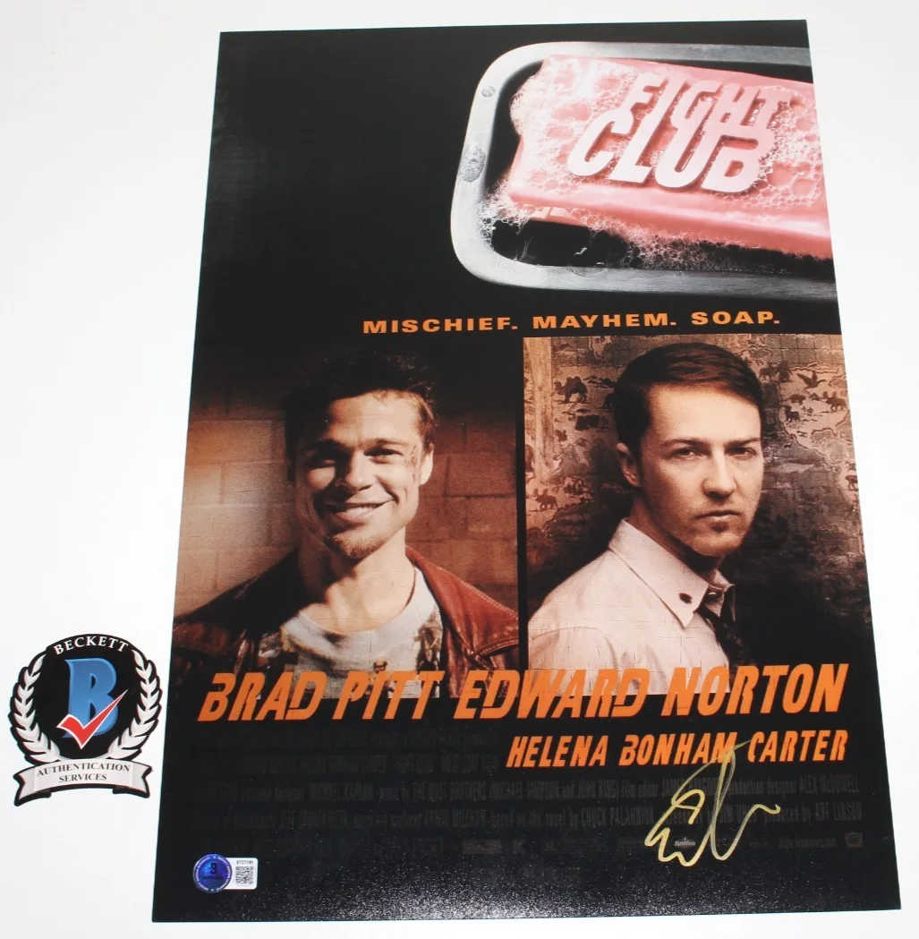 EDWARD NORTON SIGNED 'FIGHT CLUB' 12x18 MOVIE POSTER AUTOGRAPH BAS BECKETT COA, изображение 2