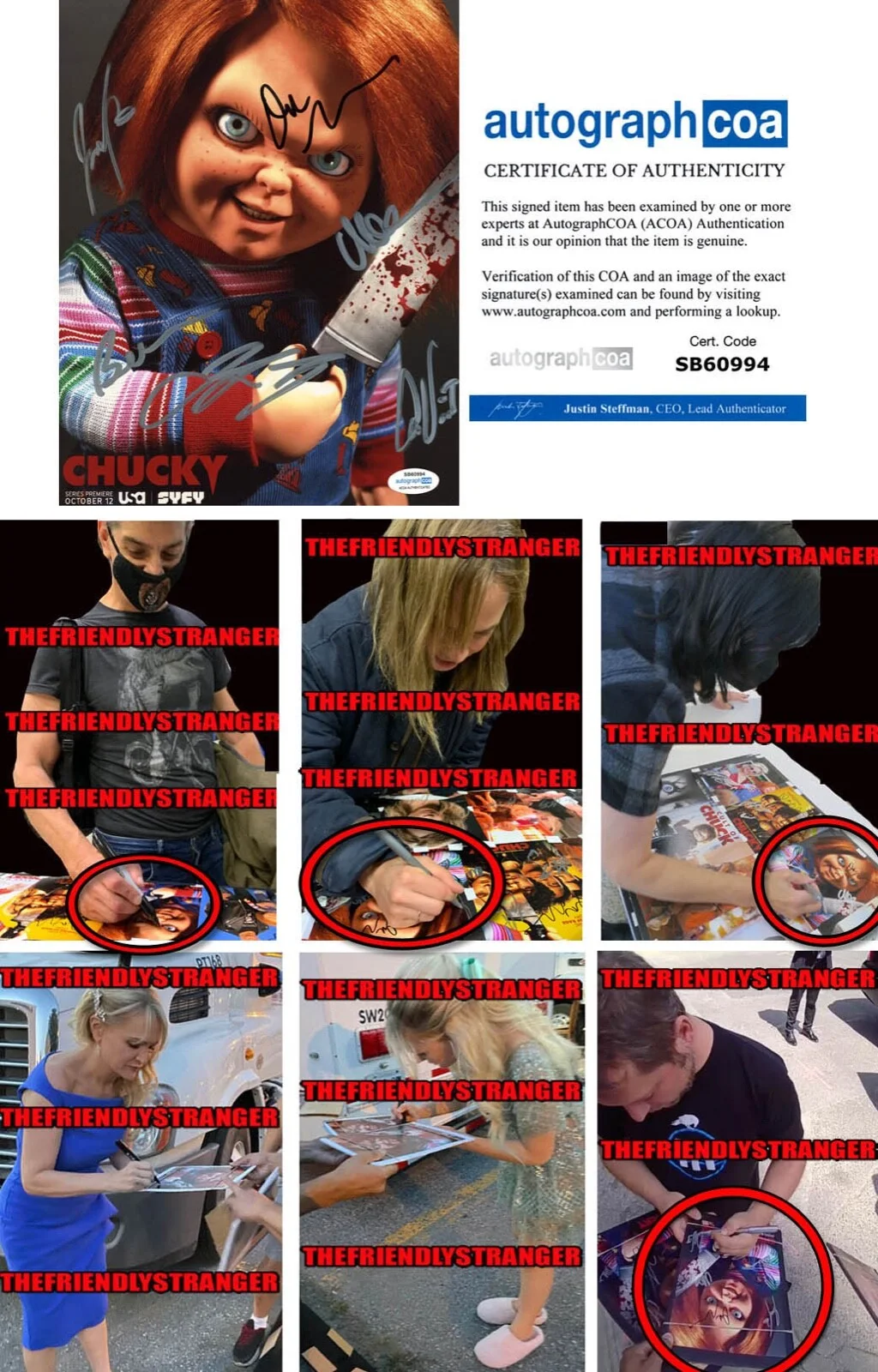 JENNIFER TILLY, DON MANCINI, FIONA DOURIF, + MORE — Jennifer Tilly, Don Mancini, Fiona Dourif +3 signed "CHUCKY" 8x10 Photo ACOA COA