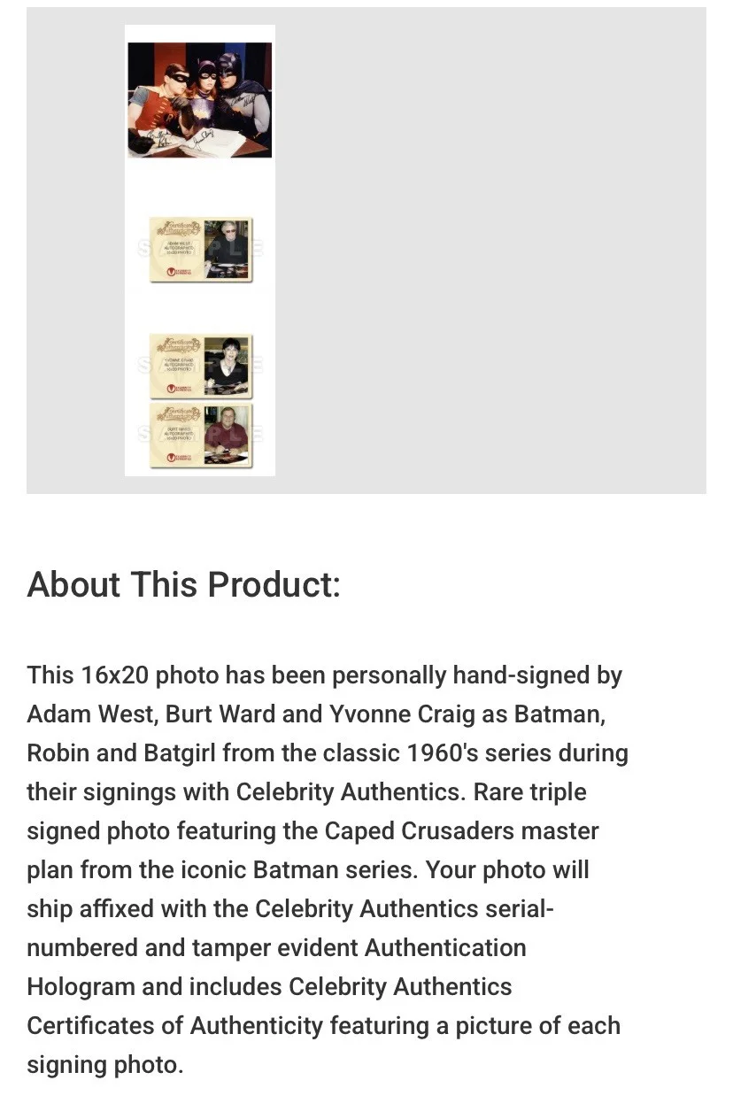 Adam West, Burt Ward, Yvonne Craig — Adam West, Burt Ward, & Yvonne Craig Signed Batman 16x20 Glossy Photo - JSA LOA, image 4