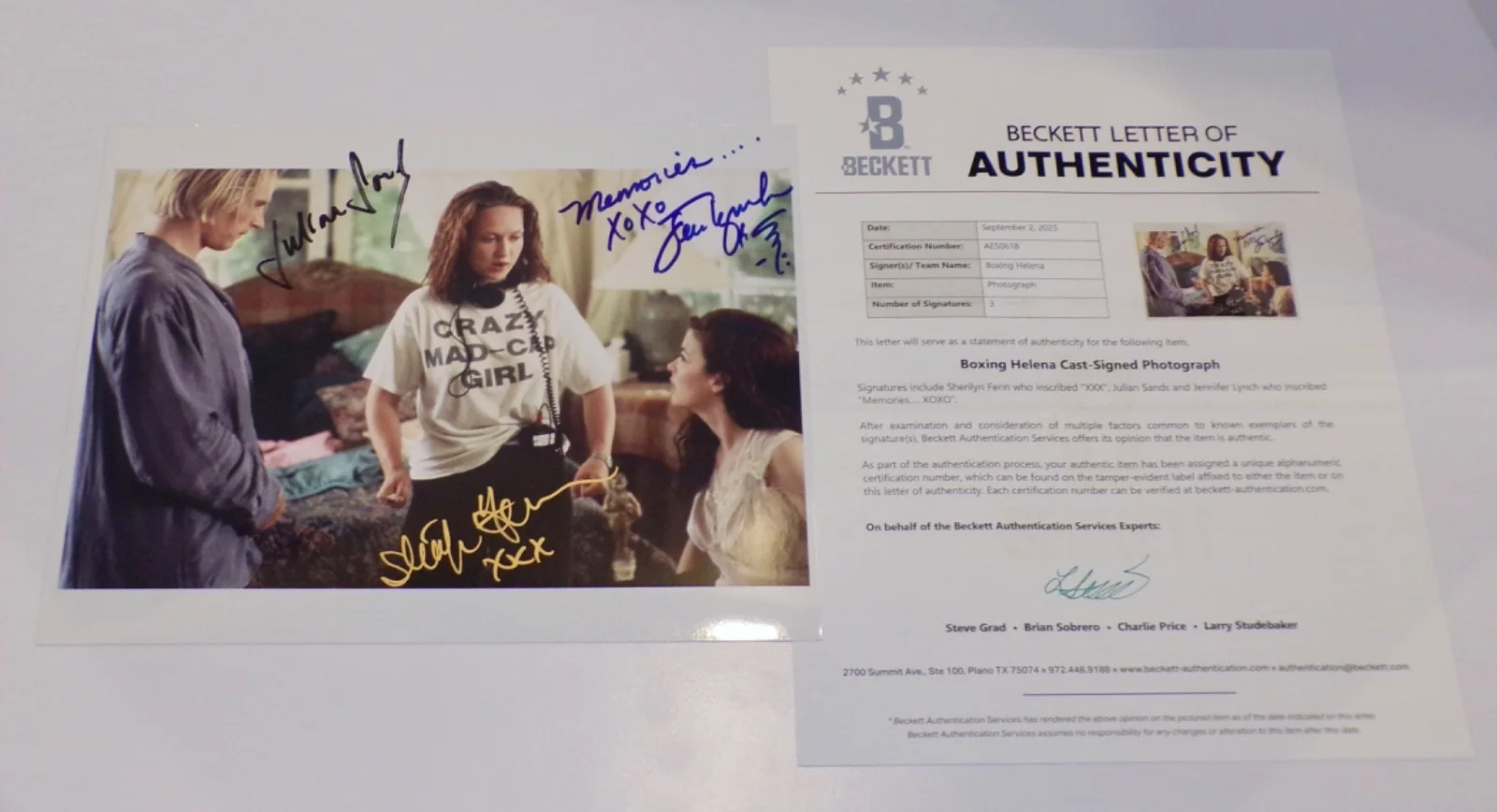 Julian Sands, Sherilyn Fenn, Jennifer Lynch — BOXING HELENA Sherilyn Fenn, Julian Sands, Jen Lynch SIGNED 8x10 BAS Letter COA