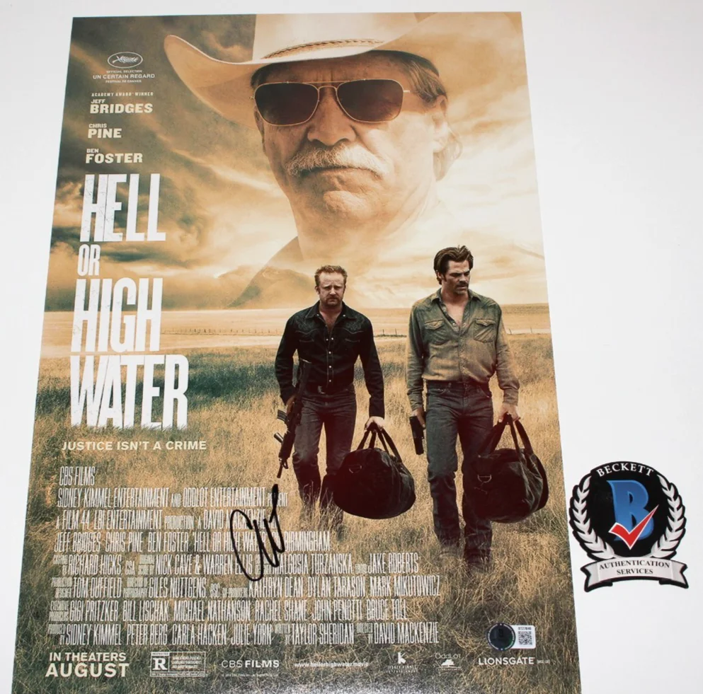 CHRIS PINE SIGNED 'HELL OR HIGH WATER' 12x18 MOVIE POSTER BECKETT BAS COA, image 2