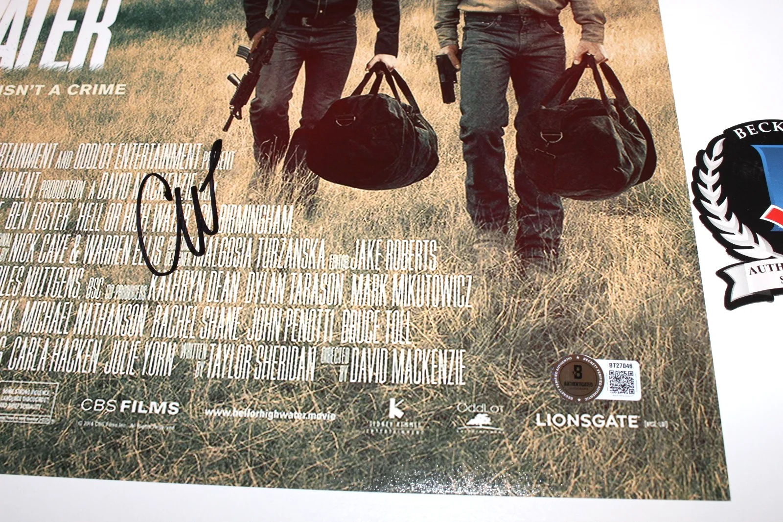 CHRIS PINE SIGNED 'HELL OR HIGH WATER' 12x18 MOVIE POSTER BECKETT BAS COA, image 3