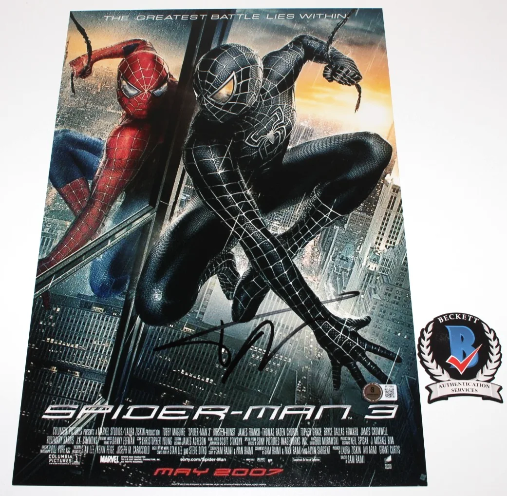 TOPHER GRACE SIGNED 'SPIDER-MAN 3' VENOM 12x18 MOVIE POSTER BAS BECKETT COA, изображение 2
