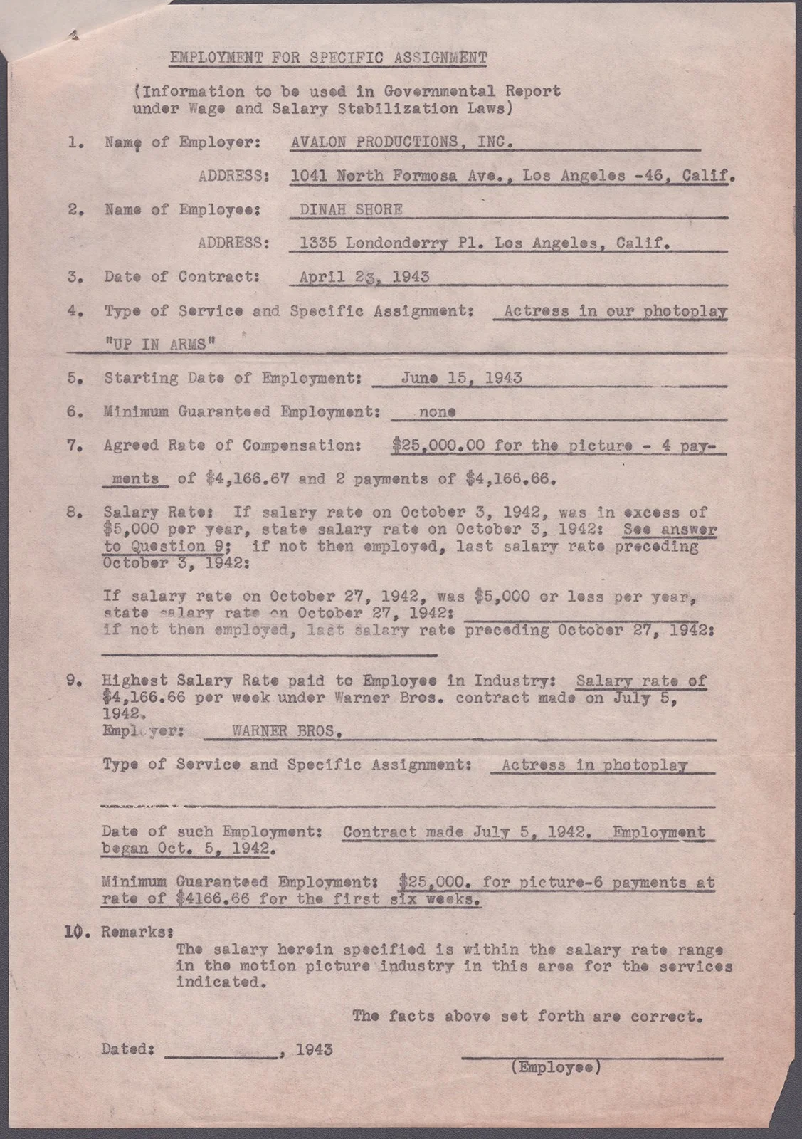 Dinah Shore — DINAH SHORE - CONTRACT SIGNED 04/23/1943, image 3