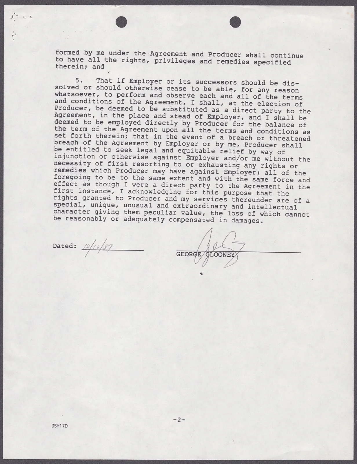 George Clooney — GEORGE CLOONEY - DOCUMENT SIGNED 10/10/1989, image 5