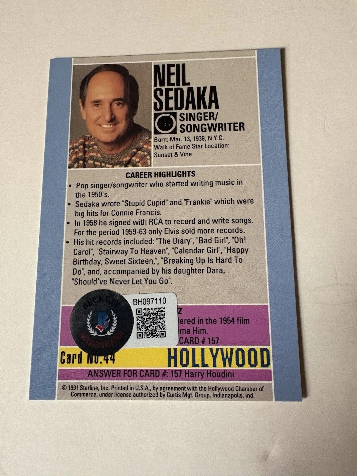 Neil Sedaka LEGENDARY SINGER DEC’D AUTOGRAPHED Hollywood Card BAS COA VERY RARE, image 3