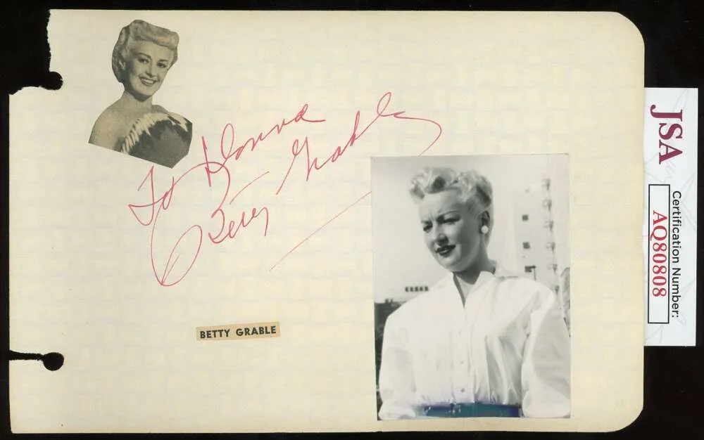 Betty Grable — Betty Grable JSA Coa Signed Vintage Album Page Autograph