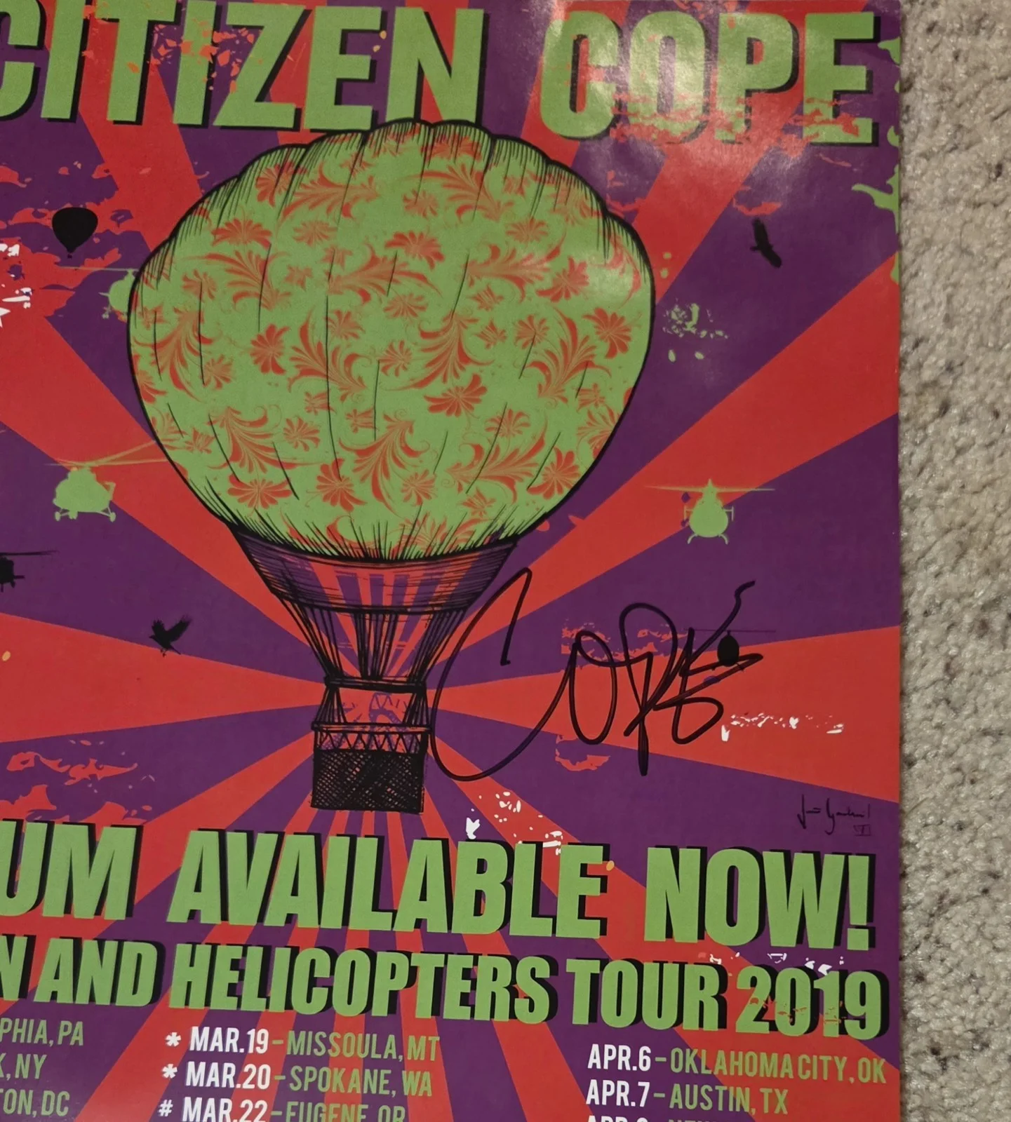 Citizen Cope SIGNED Heroin And Helicopters Tour Poster 2019, image 2
