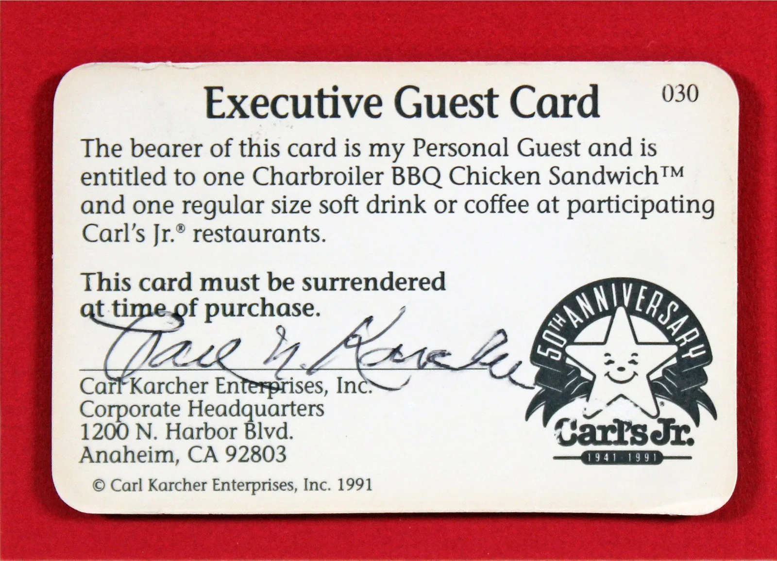 Carl Karcher — Carl Karcher Carl's Jr. Signed & Framed Executive Guest Card Card BAS #AE09337, изображение 2