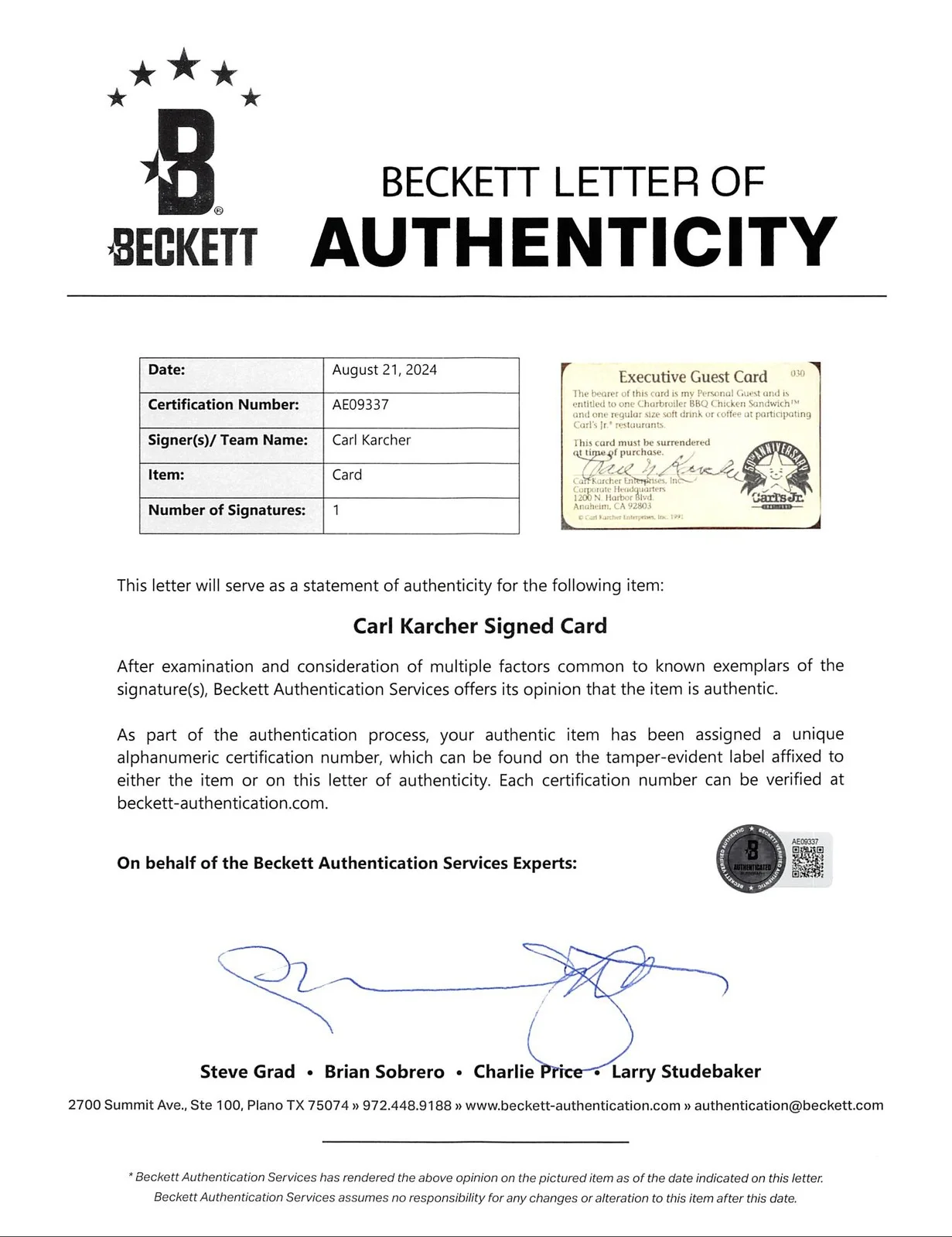 Carl Karcher — Carl Karcher Carl's Jr. Signed & Framed Executive Guest Card Card BAS #AE09337, изображение 3