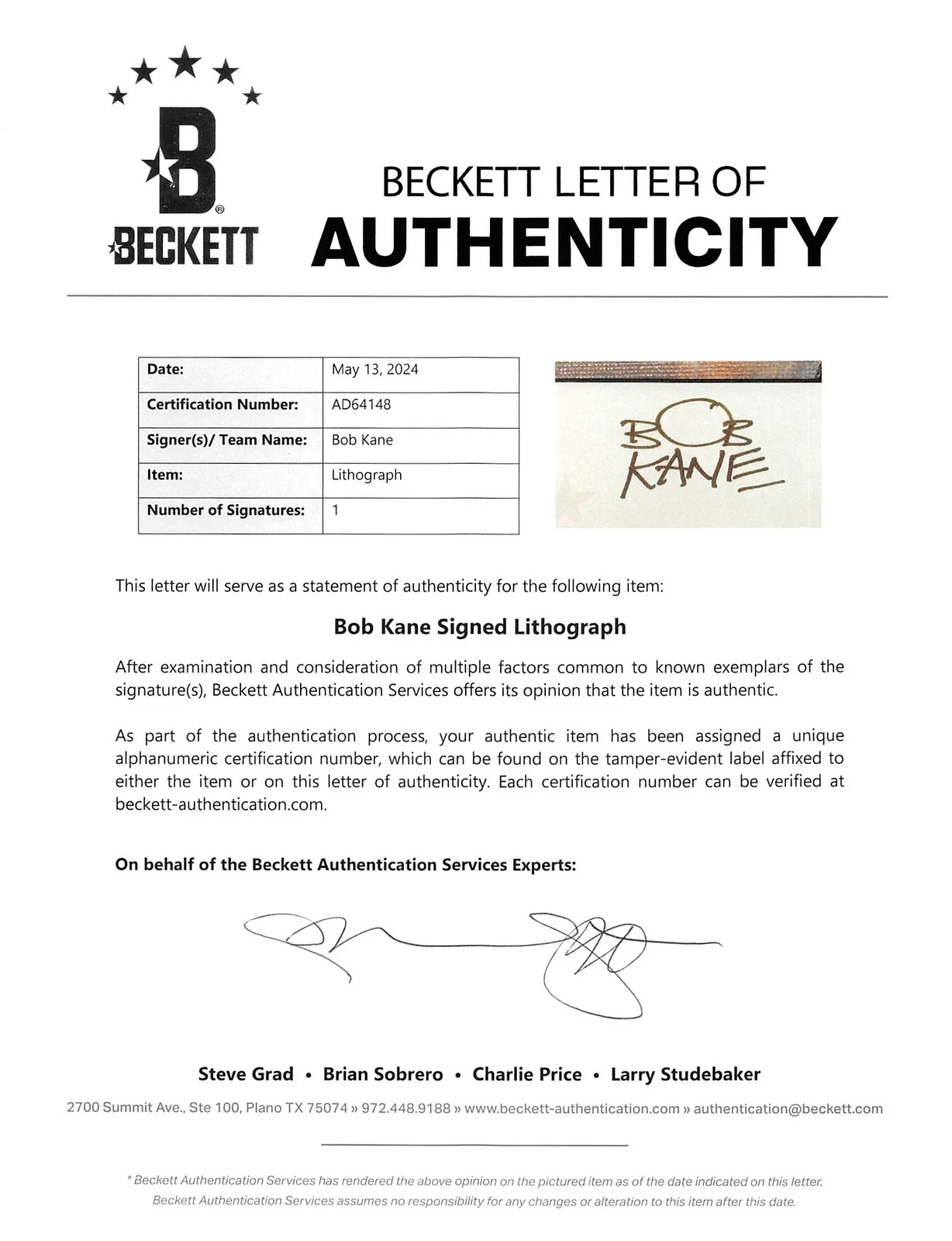 Bob Kane — Bob Kane Batman Authentic Signed & Framed 20.5x24.5 Lithograph BAS #AD64148, image 3