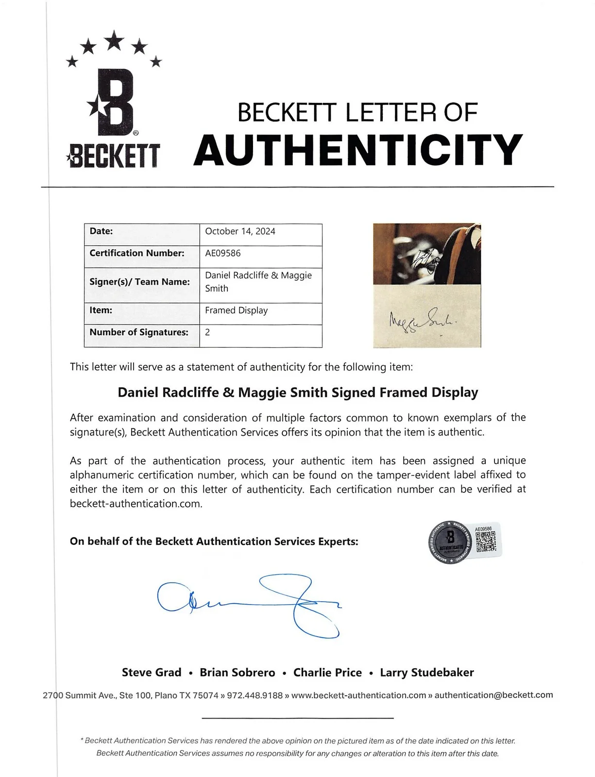 Daniel Radcliffe, Maggie Smith — Daniel Radcliffe & Maggie Smith Harry Potter Firmado Enmarcado Exhibición BAS #AE09586, image 3