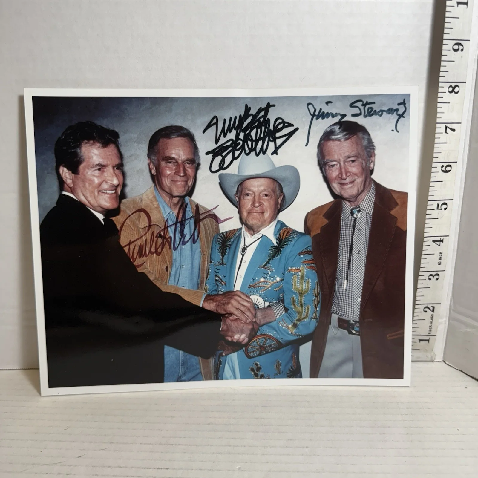Hugh O’brian, Charlton Heston, Bob Hope, Jimmy Stewart — COWBOY ACTORS Autographed By 3 of 4 Charlton Heston, Bob Hope, Jimmy Stewart