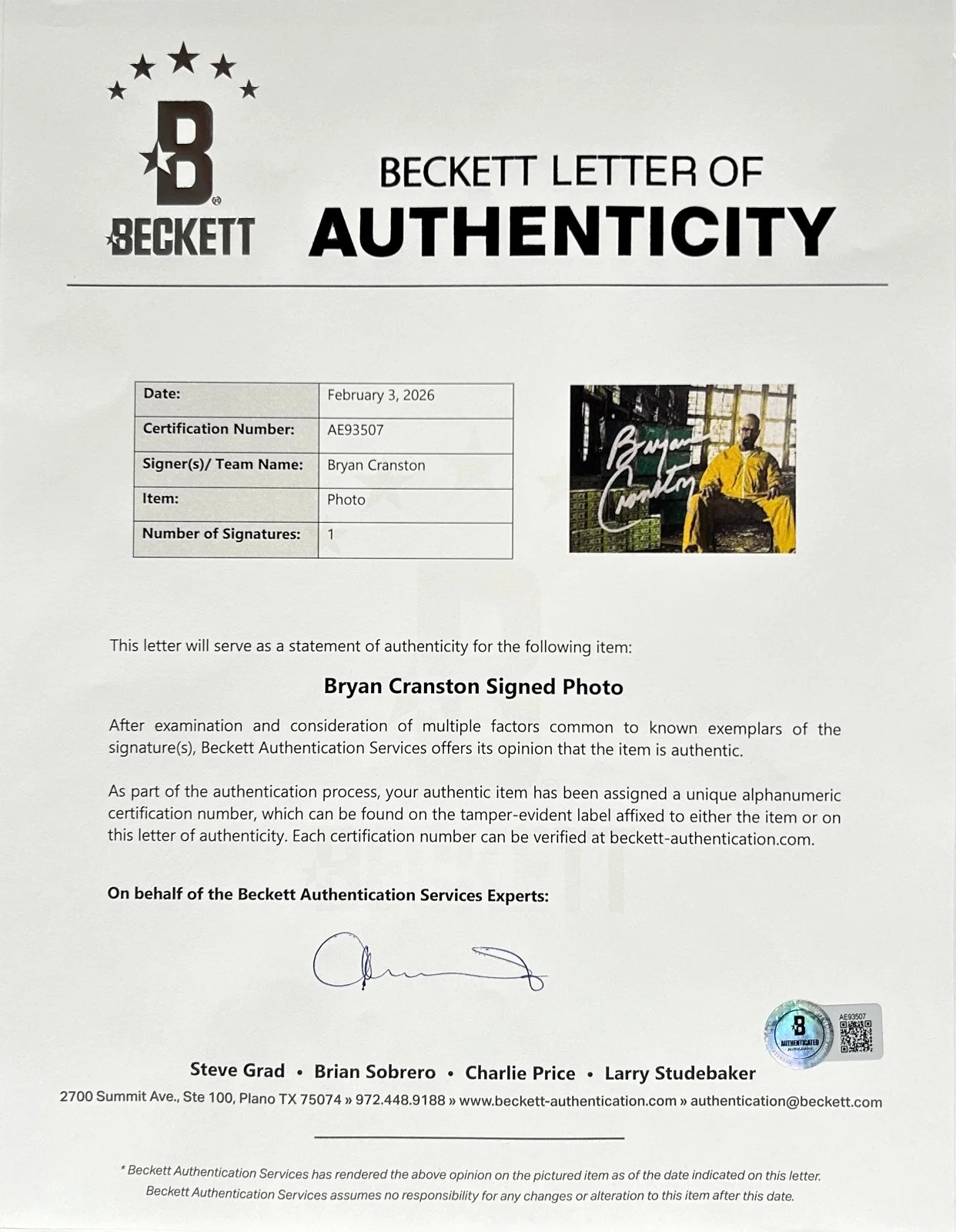 Bryan Cranston — Bryan Cranston Signed "Breaking Bad" 11x14 Photo (Beckett LOA & SWAU), изображение 4