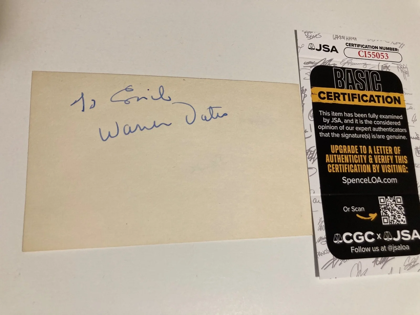 WARREN OATES — WARREN OATES signed 3x5 card "THE WILD BUNCH", "IN THE HEAT OF THE JSA#CI55053