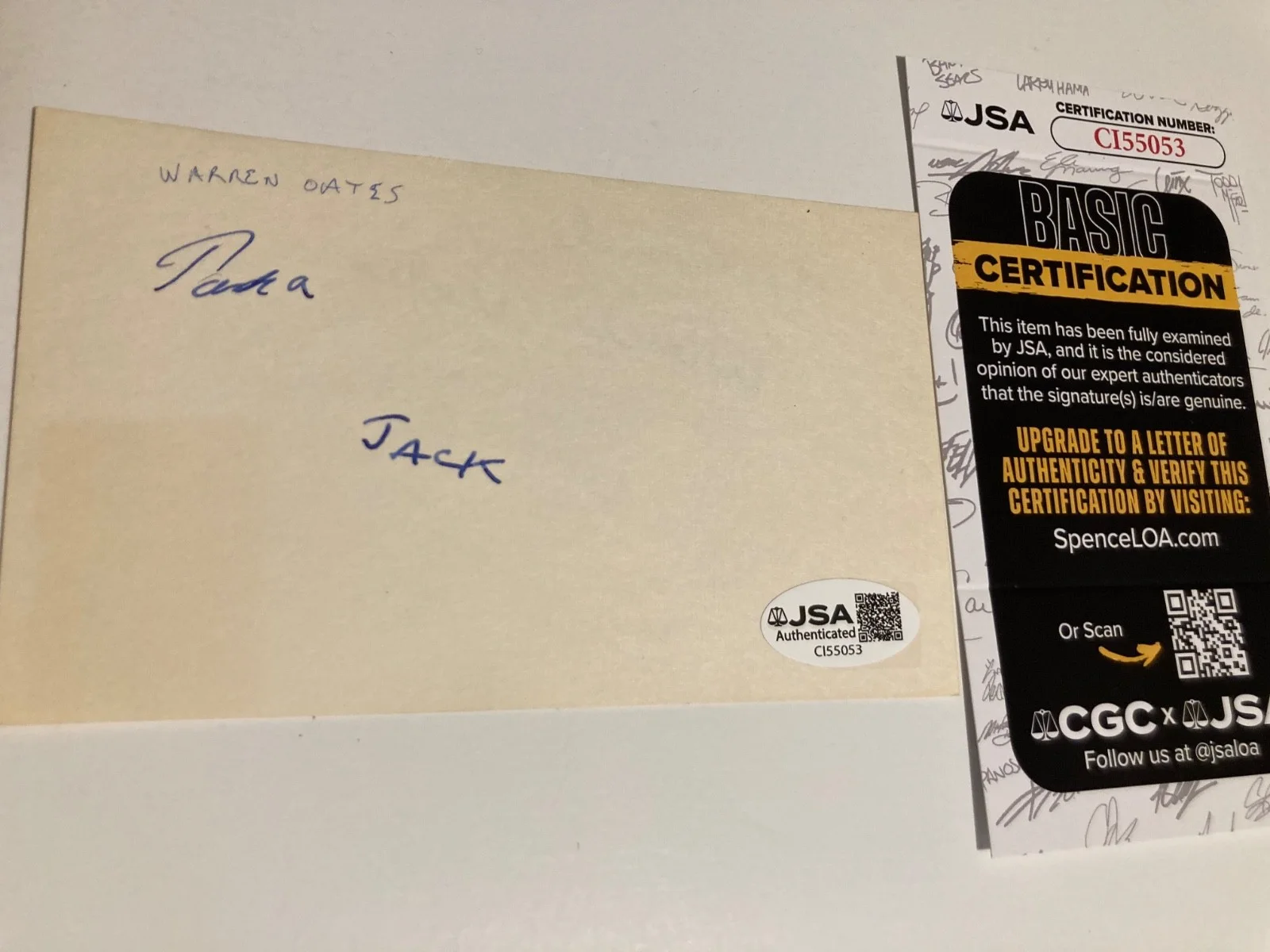 WARREN OATES — WARREN OATES signed 3x5 card "THE WILD BUNCH", "IN THE HEAT OF THE JSA#CI55053, изображение 2