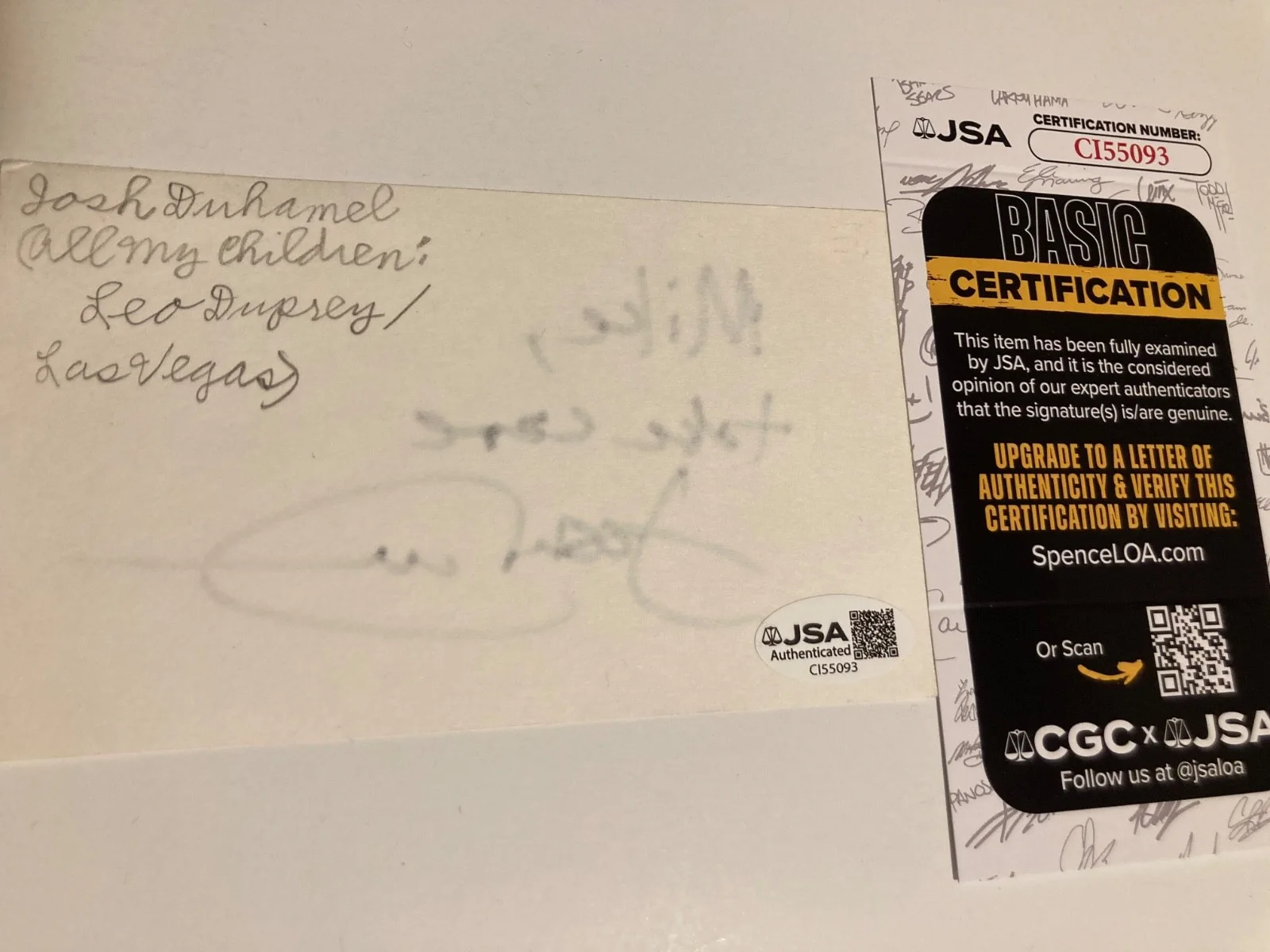 JOSH DUHAMEL — JOSH DUHAMEL signed 3x5 card "TRANSFORMERS", "LAS VEGAS", "CALL OF JSA#CI55093, изображение 2